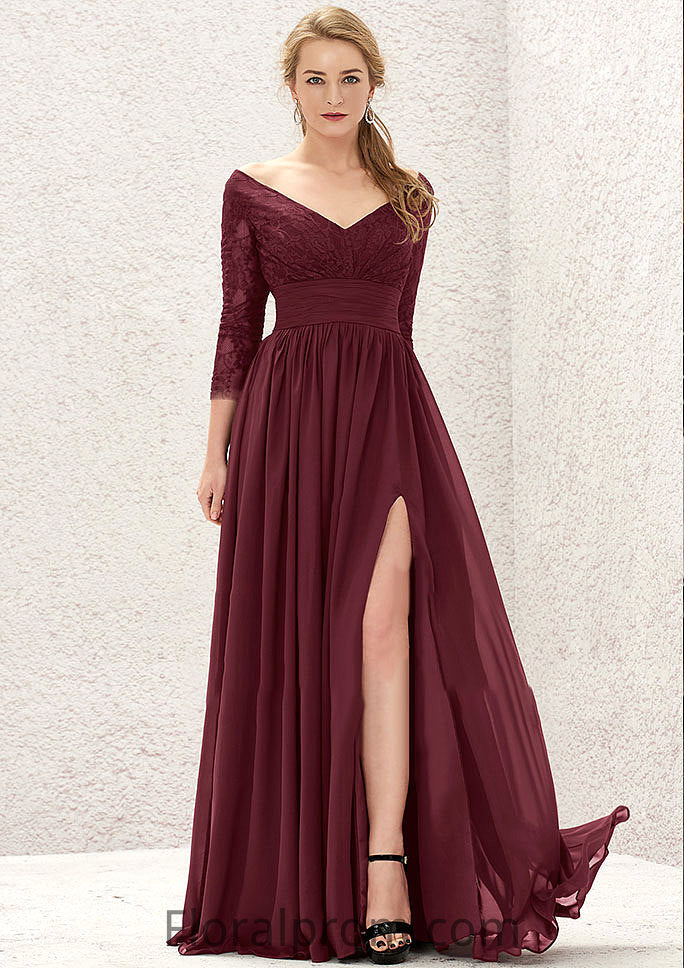 A-line V Neck Full/Long Sleeve Long/Floor-Length Chiffon Bridesmaid Dresses With Lace Split Pleated Jayda HJP0025304