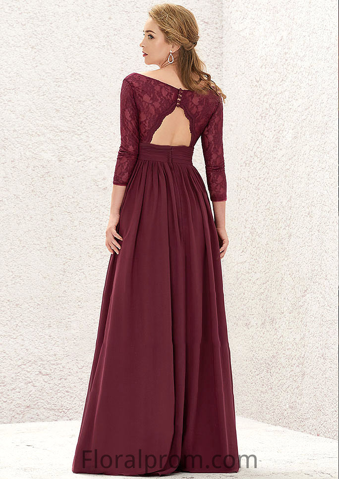 A-line V Neck Full/Long Sleeve Long/Floor-Length Chiffon Bridesmaid Dresses With Lace Split Pleated Jayda HJP0025304