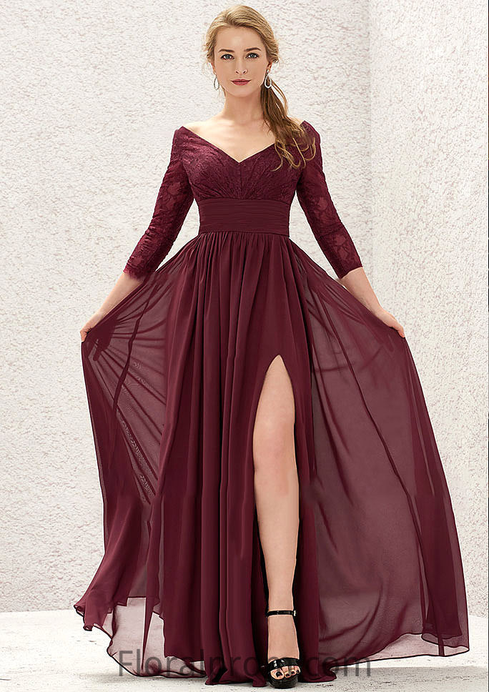 A-line V Neck Full/Long Sleeve Long/Floor-Length Chiffon Bridesmaid Dresses With Lace Split Pleated Jayda HJP0025304