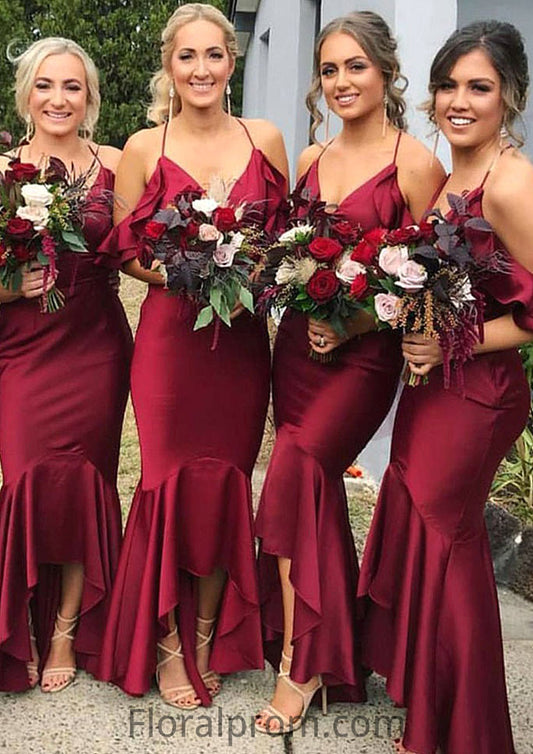 Sleeveless V Neck Asymmetrical Trumpet/Mermaid Charmeuse Bridesmaid Dresseses With Ruffles Olga HJP0025305