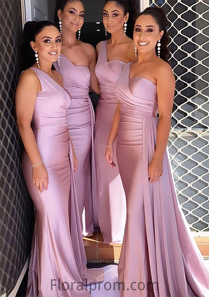 Trumpet/Mermaid One-Shoulder Sleeveless Sweep Train Jersey Bridesmaid Dresses With Pleated Side Draping Neveah HJP0025308