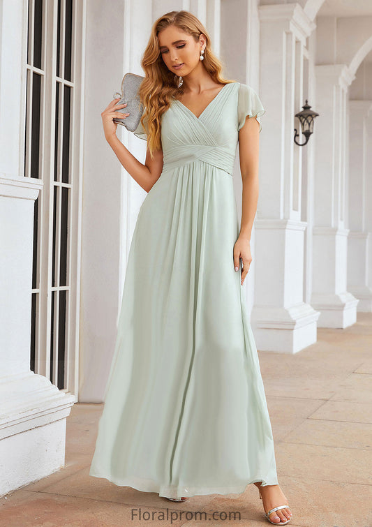 A-line V Neck Short Sleeve Long/Floor-Length Chiffon Bridesmaid Dresses With Pleated Kristina HJP0025309