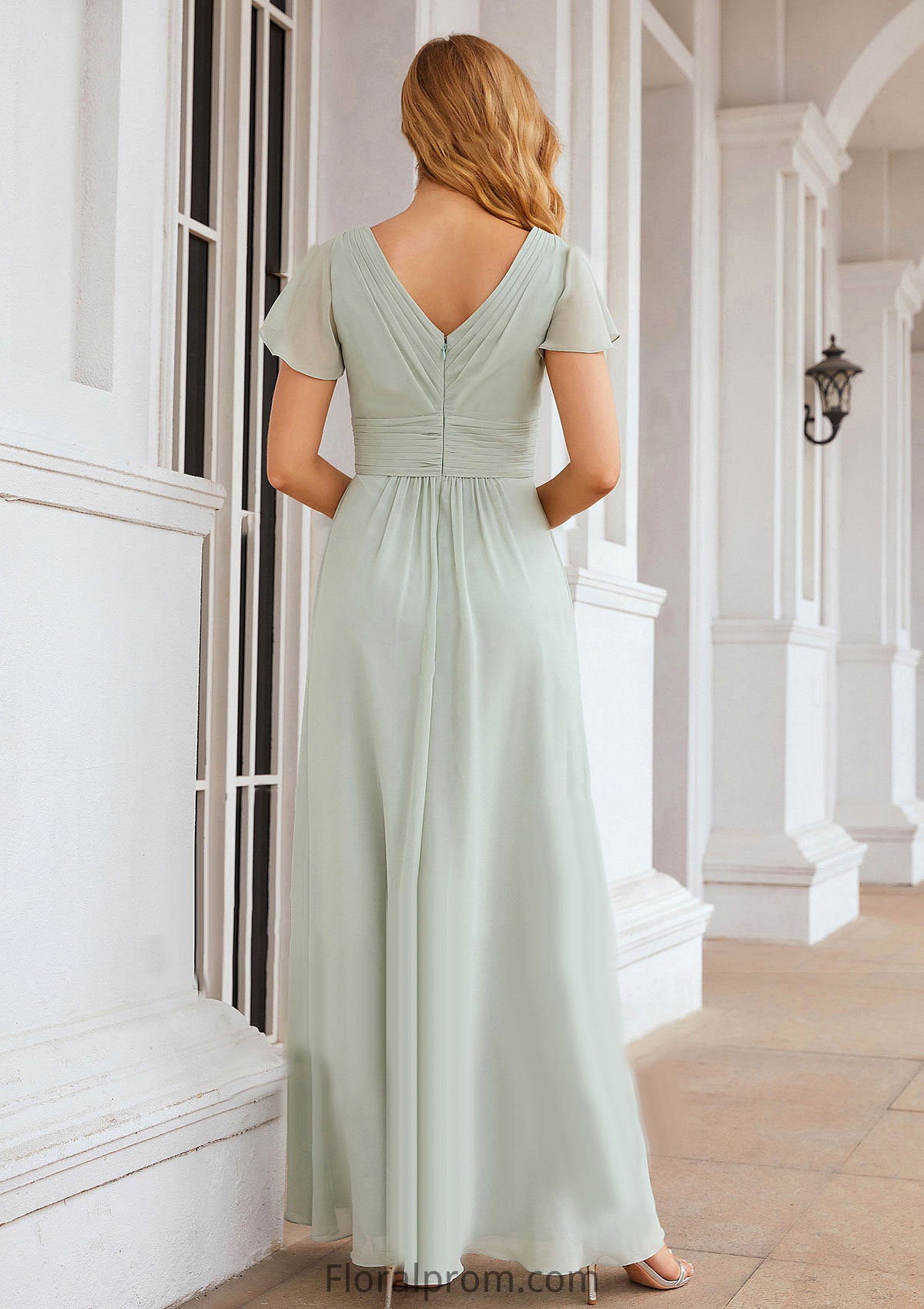 A-line V Neck Short Sleeve Long/Floor-Length Chiffon Bridesmaid Dresses With Pleated Kristina HJP0025309