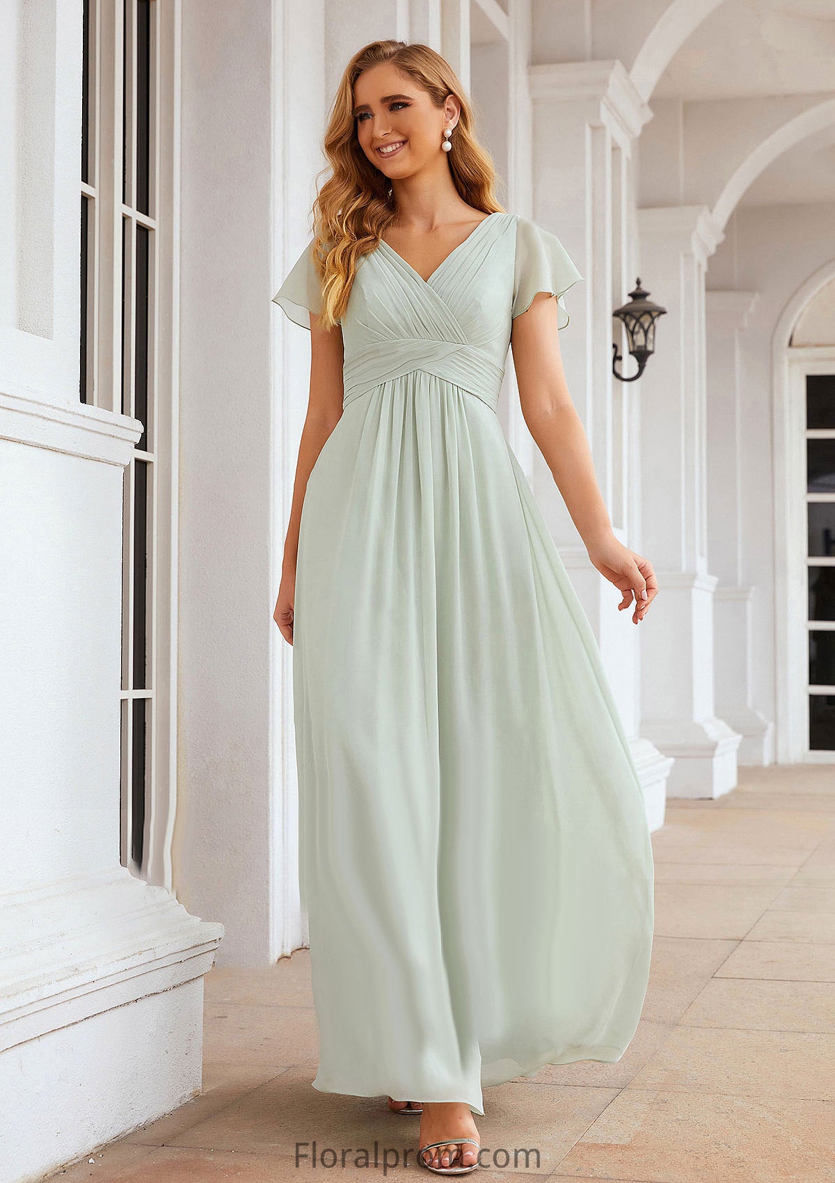 A-line V Neck Short Sleeve Long/Floor-Length Chiffon Bridesmaid Dresses With Pleated Kristina HJP0025309