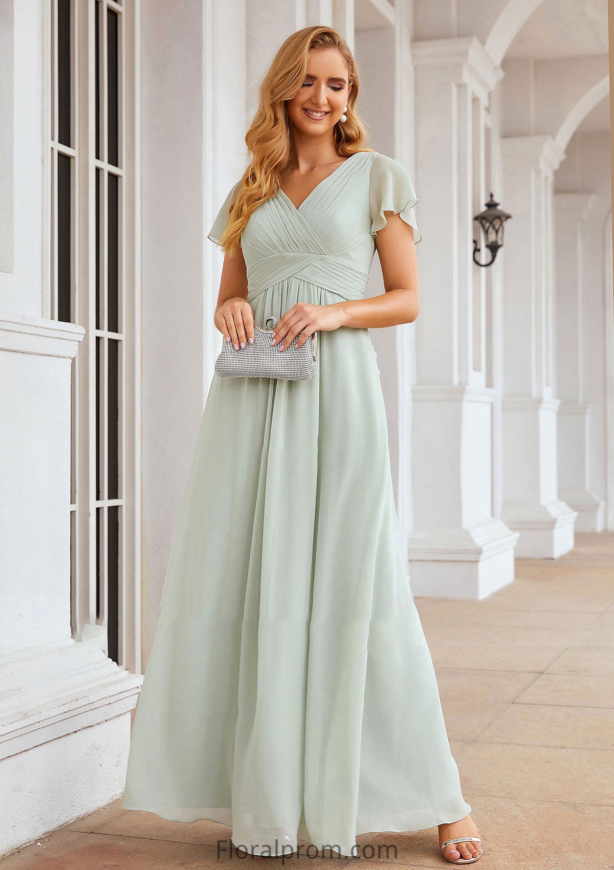 A-line V Neck Short Sleeve Long/Floor-Length Chiffon Bridesmaid Dresses With Pleated Kristina HJP0025309