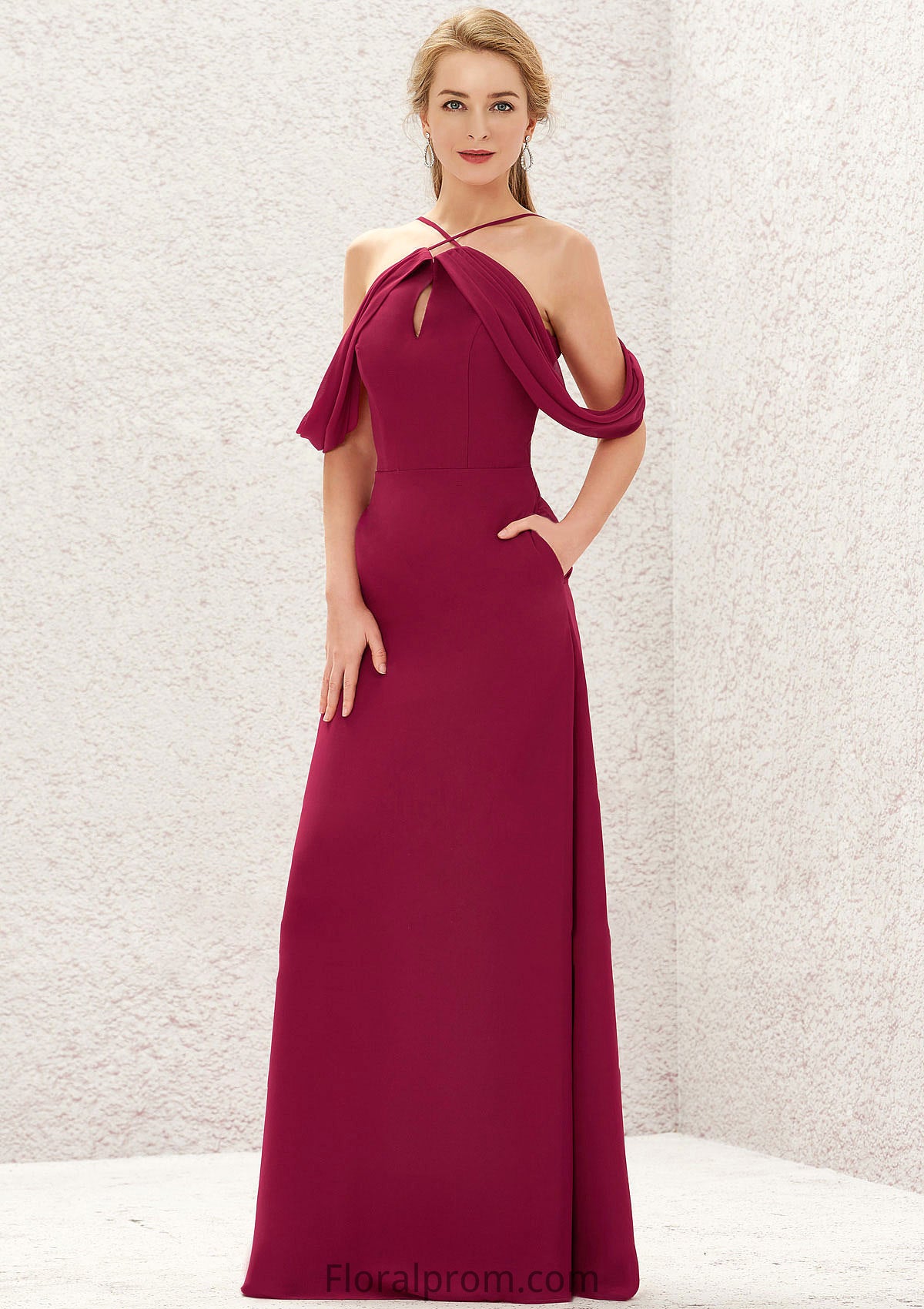 A-line Scalloped Neck Sleeveless Chiffon Long/Floor-Length Bridesmaid Dresses With Pockets Maggie HJP0025310