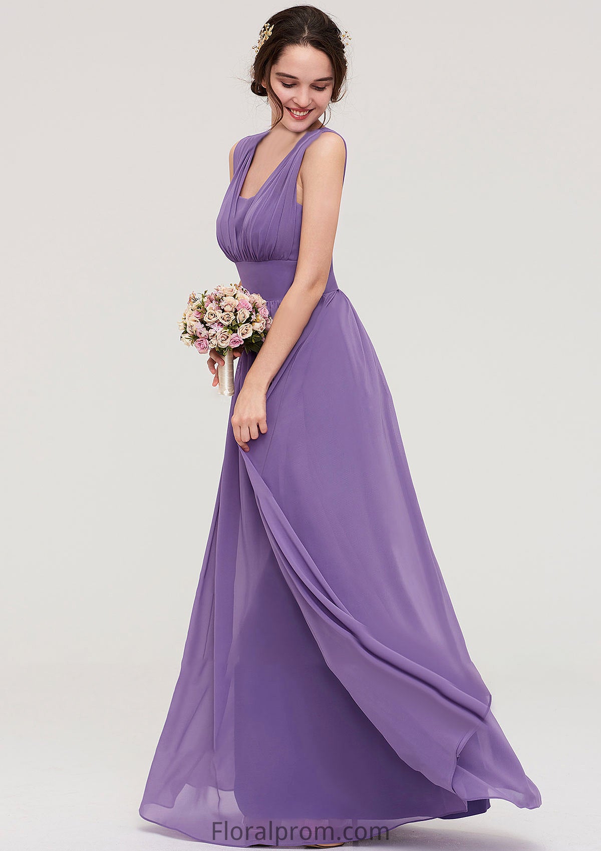 Sleeveless Scalloped Neck Chiffon Long/Floor-Length Bridesmaid Dresseses With Pleated Angelina HJP0025314