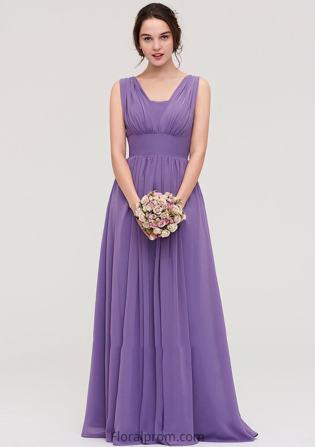 Sleeveless Scalloped Neck Chiffon Long/Floor-Length Bridesmaid Dresseses With Pleated Angelina HJP0025314