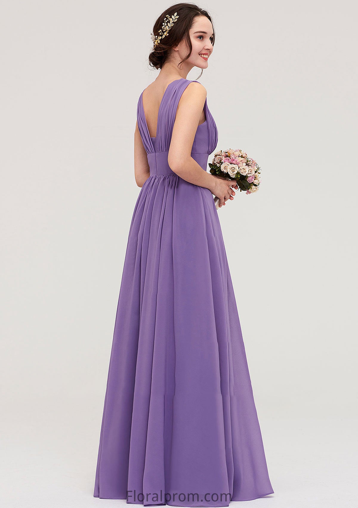 Sleeveless Scalloped Neck Chiffon Long/Floor-Length Bridesmaid Dresseses With Pleated Angelina HJP0025314