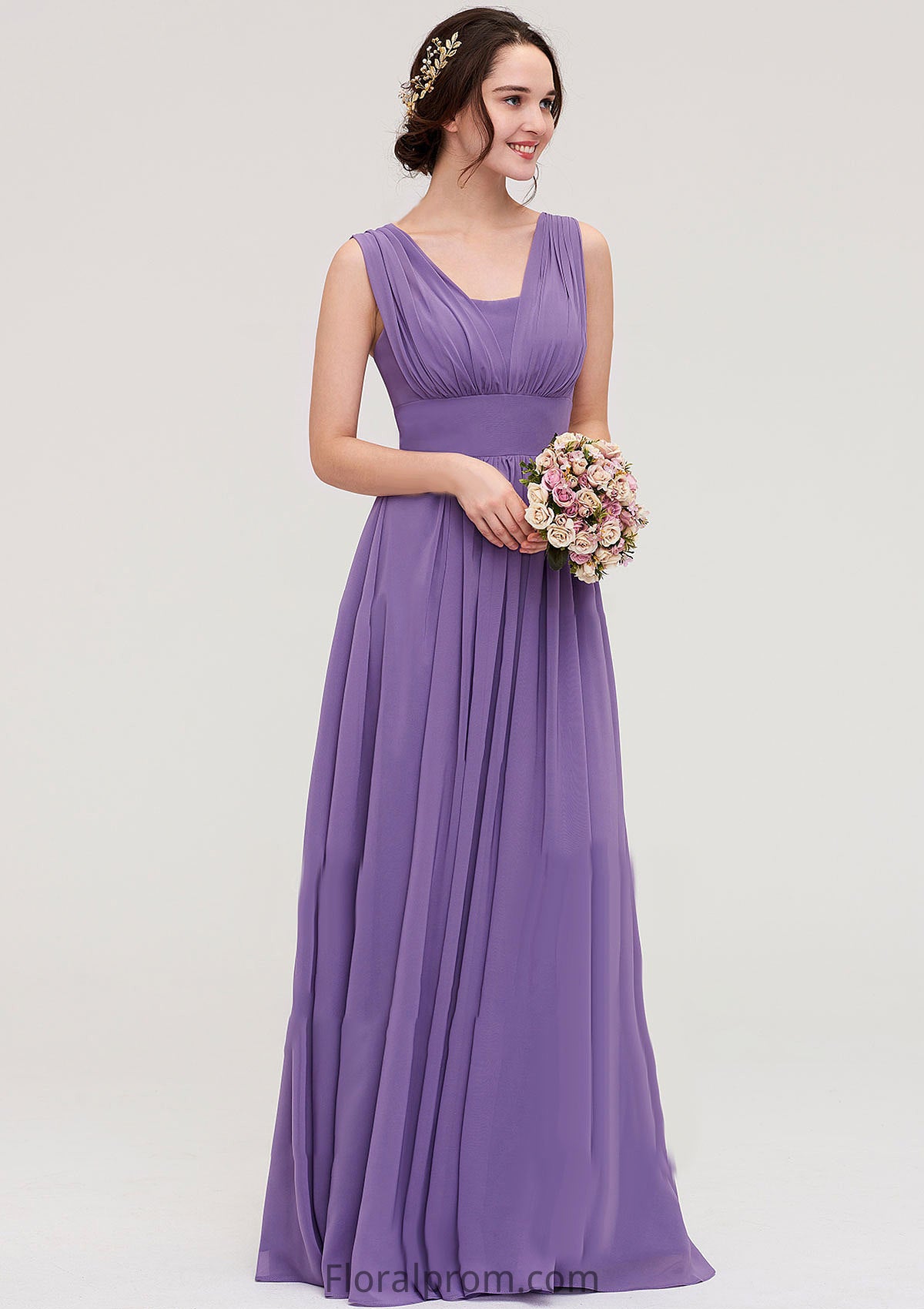 Sleeveless Scalloped Neck Chiffon Long/Floor-Length Bridesmaid Dresseses With Pleated Angelina HJP0025314