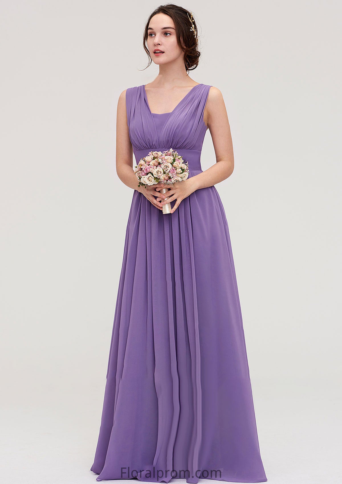 Sleeveless Scalloped Neck Chiffon Long/Floor-Length Bridesmaid Dresseses With Pleated Angelina HJP0025314