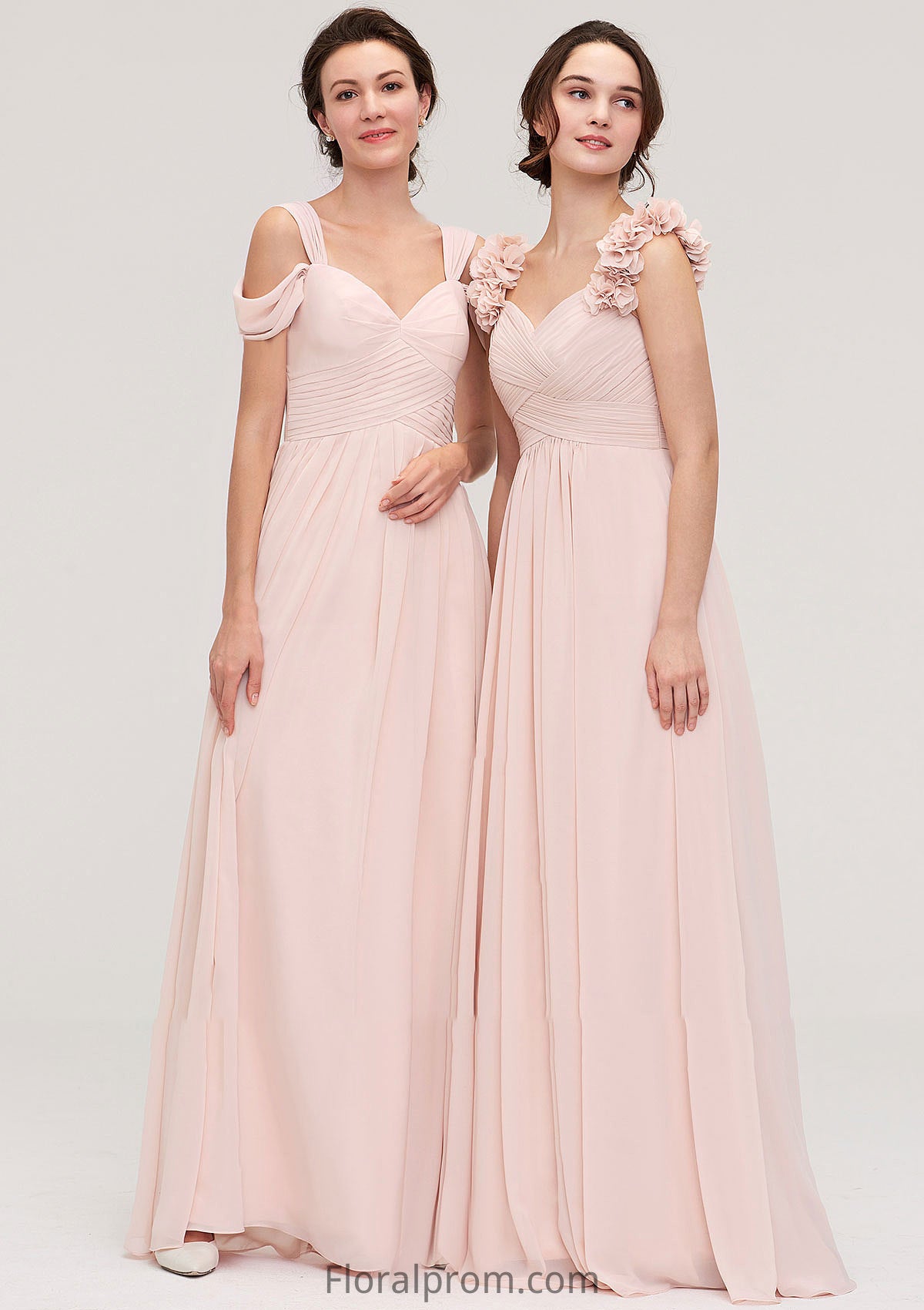 Sweetheart Sleeveless A-line/Princess Chiffon Long/Floor-Length Bridesmaid Dresses With Pleated Shoulder Flower Mireya HJP0025315