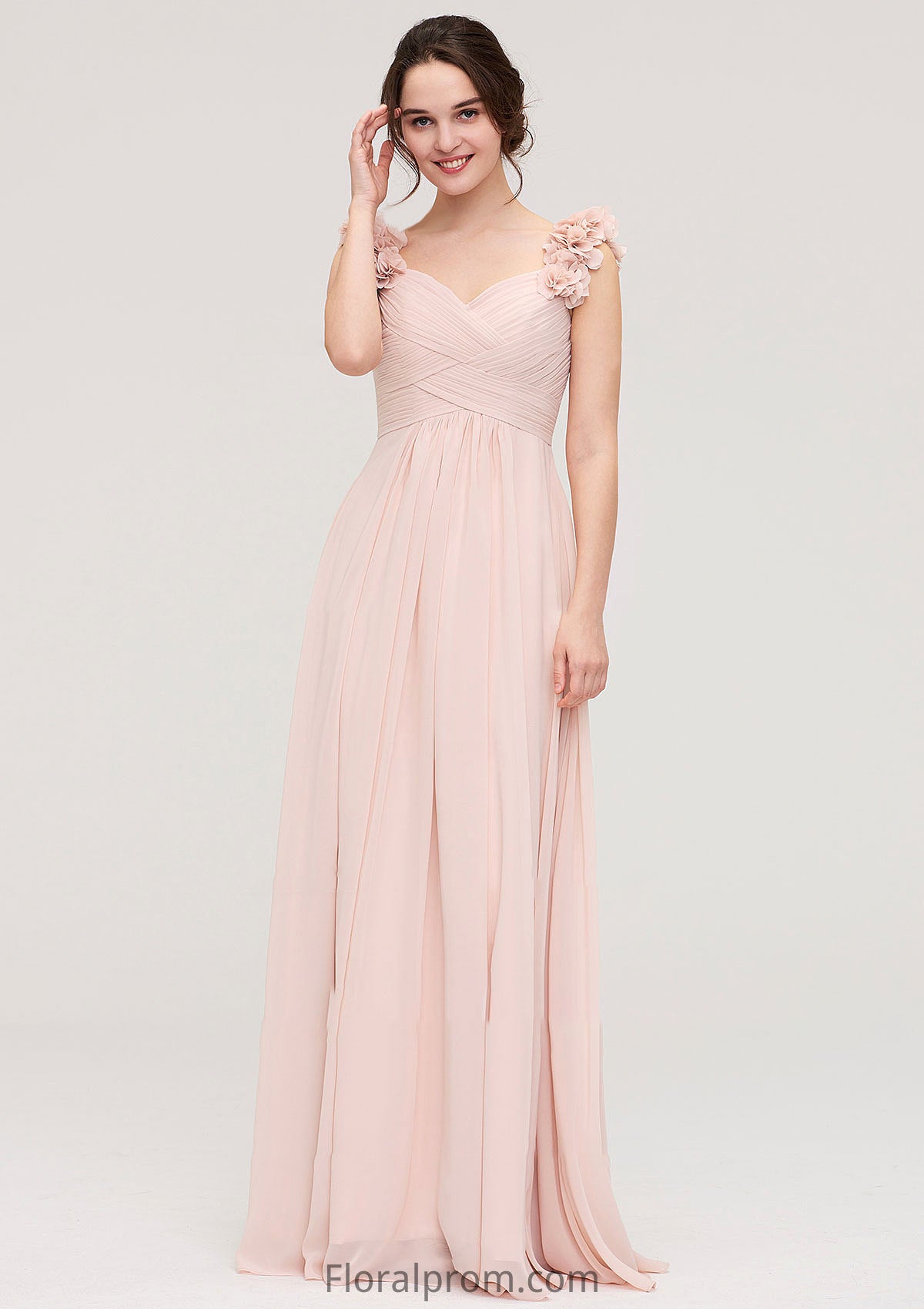 Sweetheart Sleeveless A-line/Princess Chiffon Long/Floor-Length Bridesmaid Dresses With Pleated Shoulder Flower Mireya HJP0025315