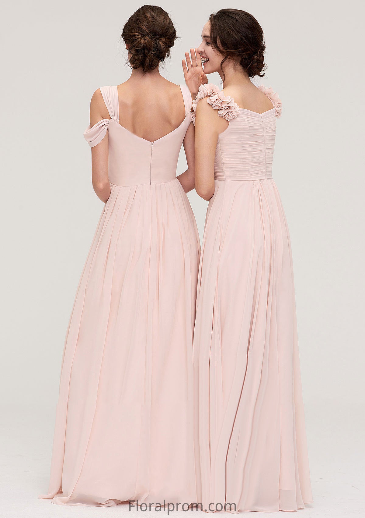 Sweetheart Sleeveless A-line/Princess Chiffon Long/Floor-Length Bridesmaid Dresses With Pleated Shoulder Flower Mireya HJP0025315