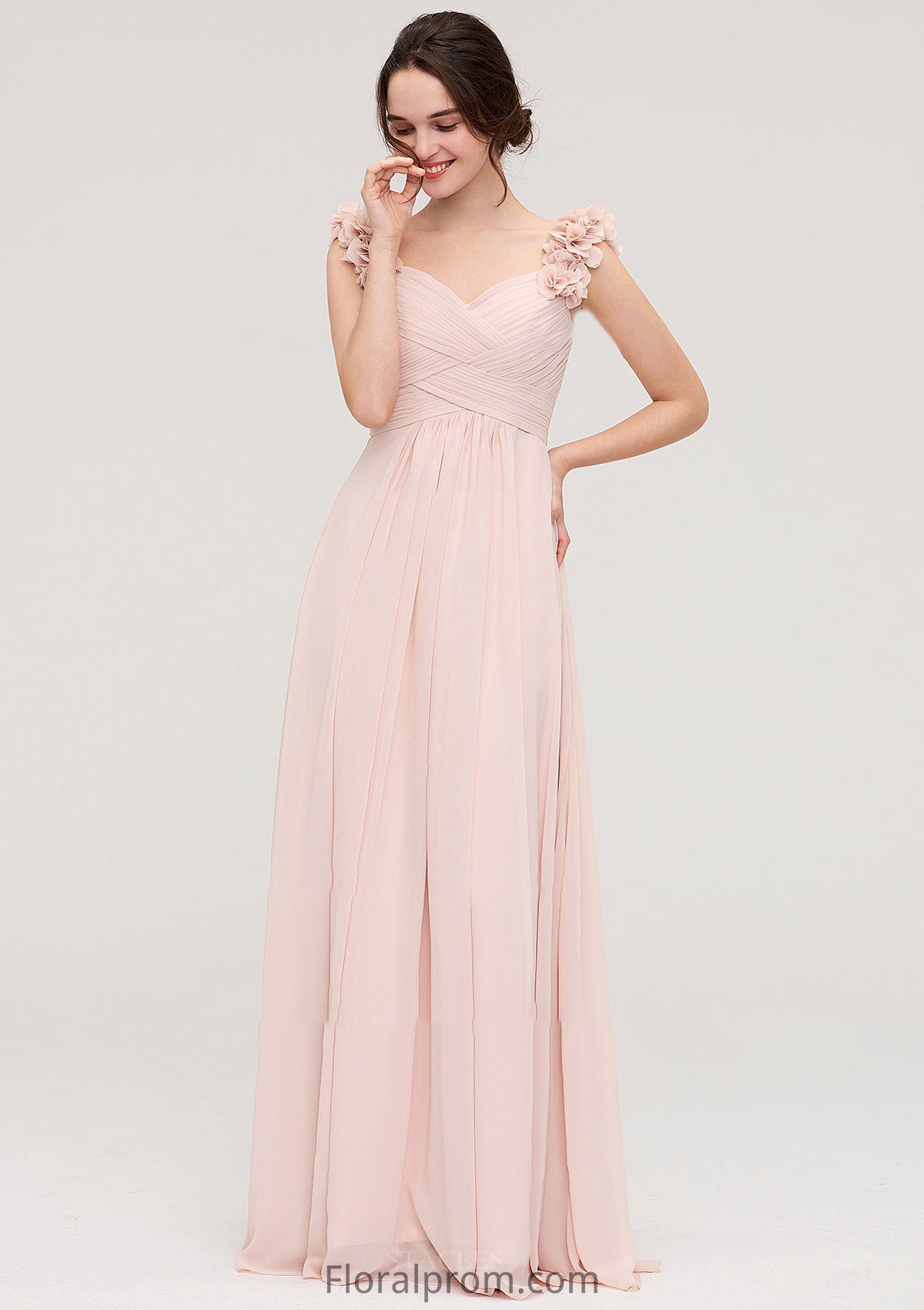 Sweetheart Sleeveless A-line/Princess Chiffon Long/Floor-Length Bridesmaid Dresses With Pleated Shoulder Flower Mireya HJP0025315