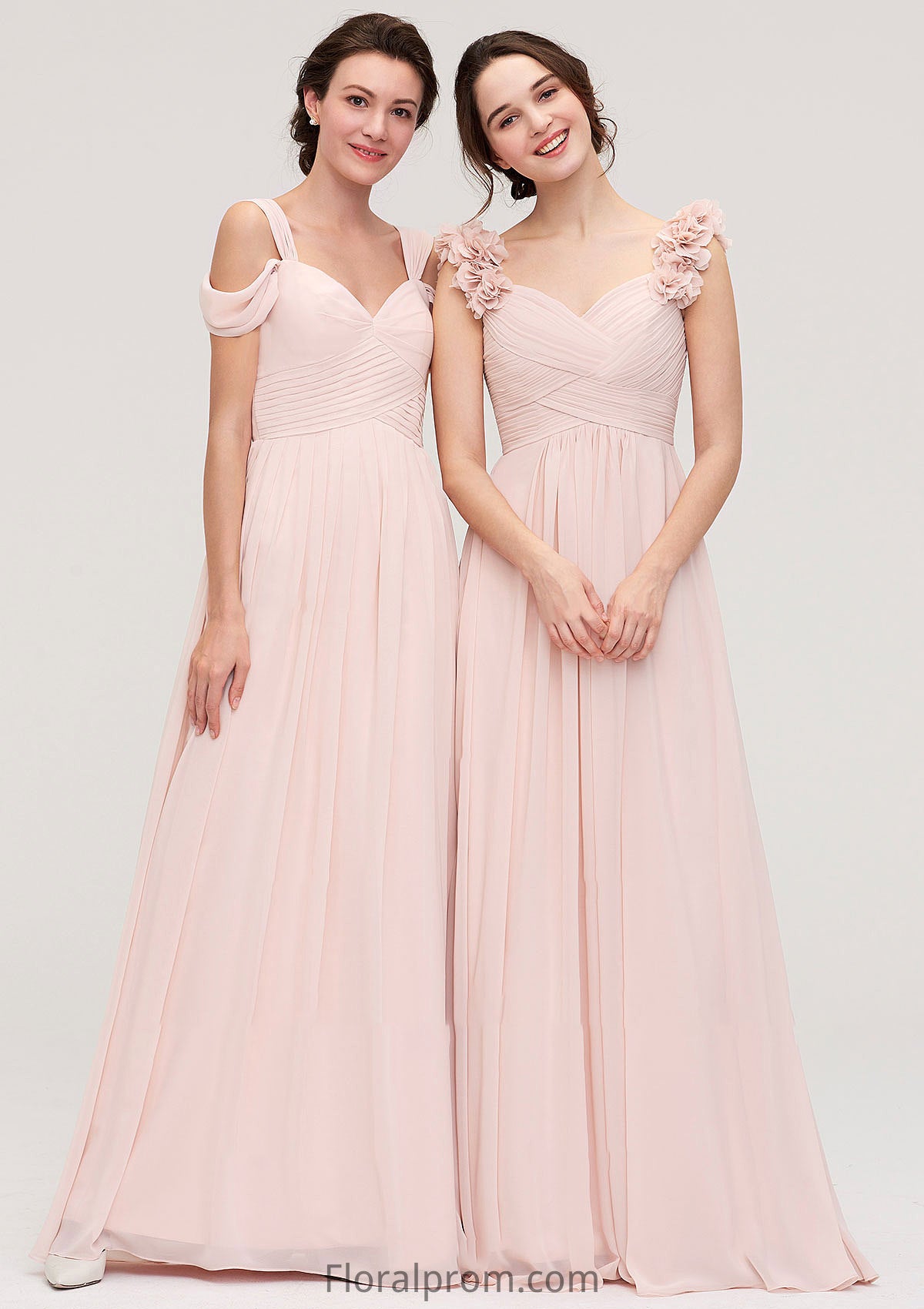 Sweetheart Sleeveless A-line/Princess Chiffon Long/Floor-Length Bridesmaid Dresses With Pleated Shoulder Flower Mireya HJP0025315