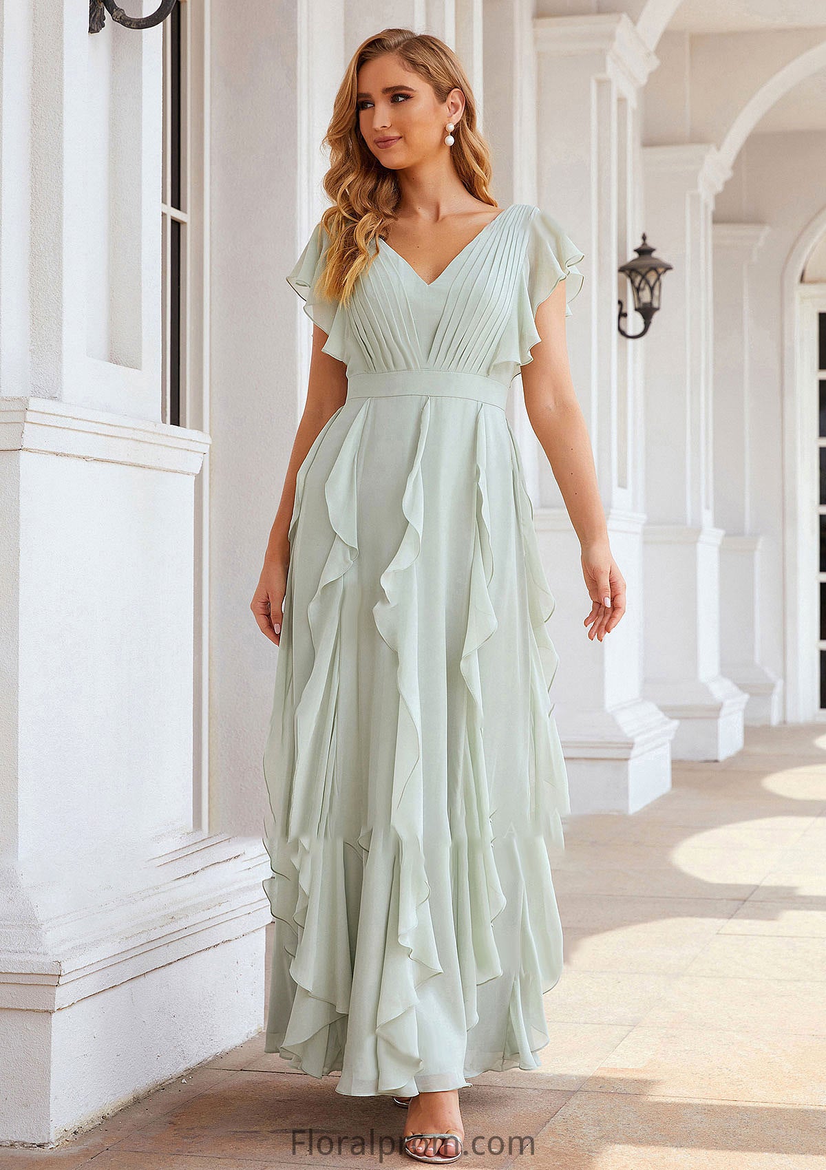 A-line V Neck Short Sleeve Long/Floor-Length Chiffon Bridesmaid Dresses With Pleated Ruffles Sara HJP0025316