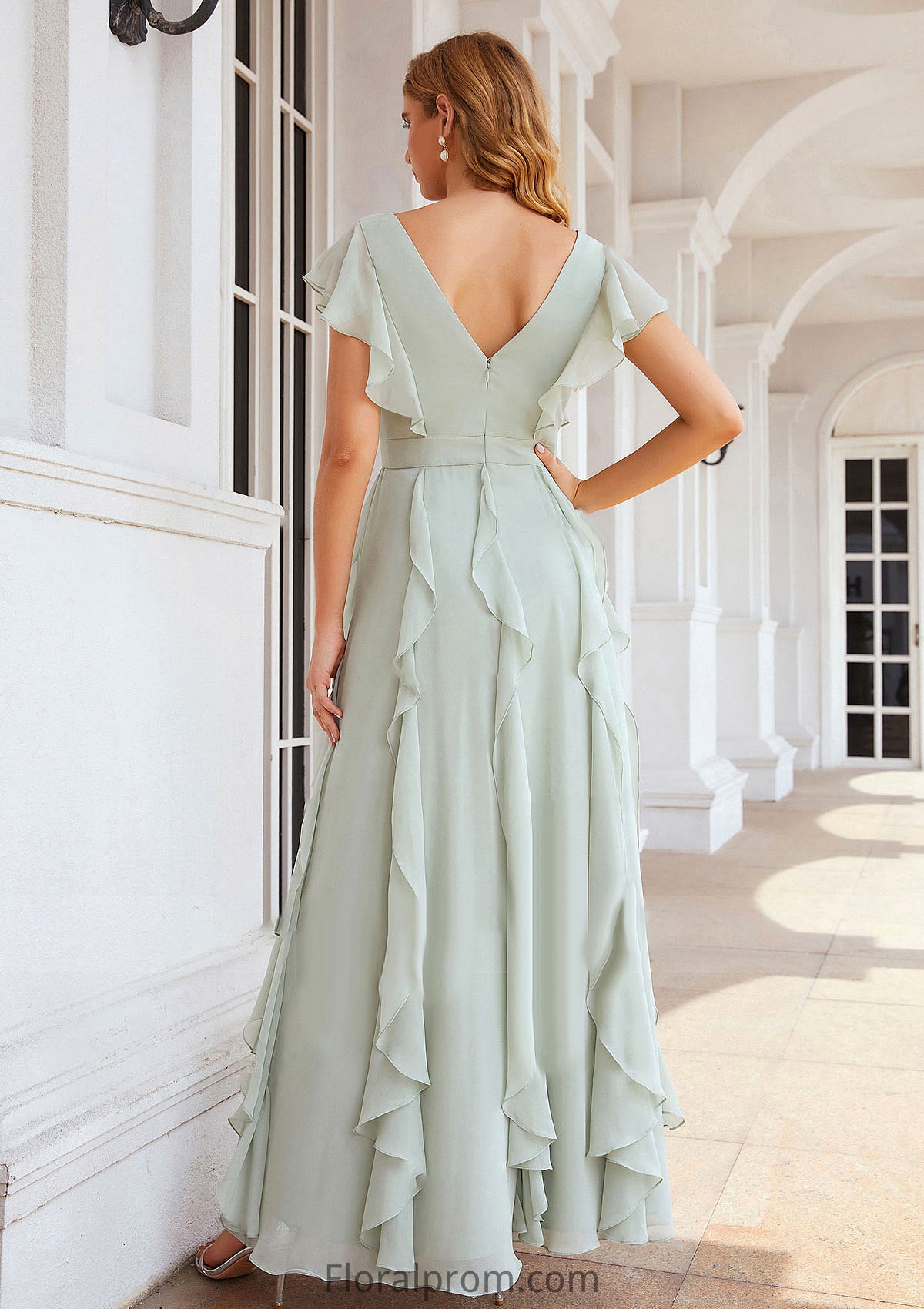 A-line V Neck Short Sleeve Long/Floor-Length Chiffon Bridesmaid Dresses With Pleated Ruffles Sara HJP0025316