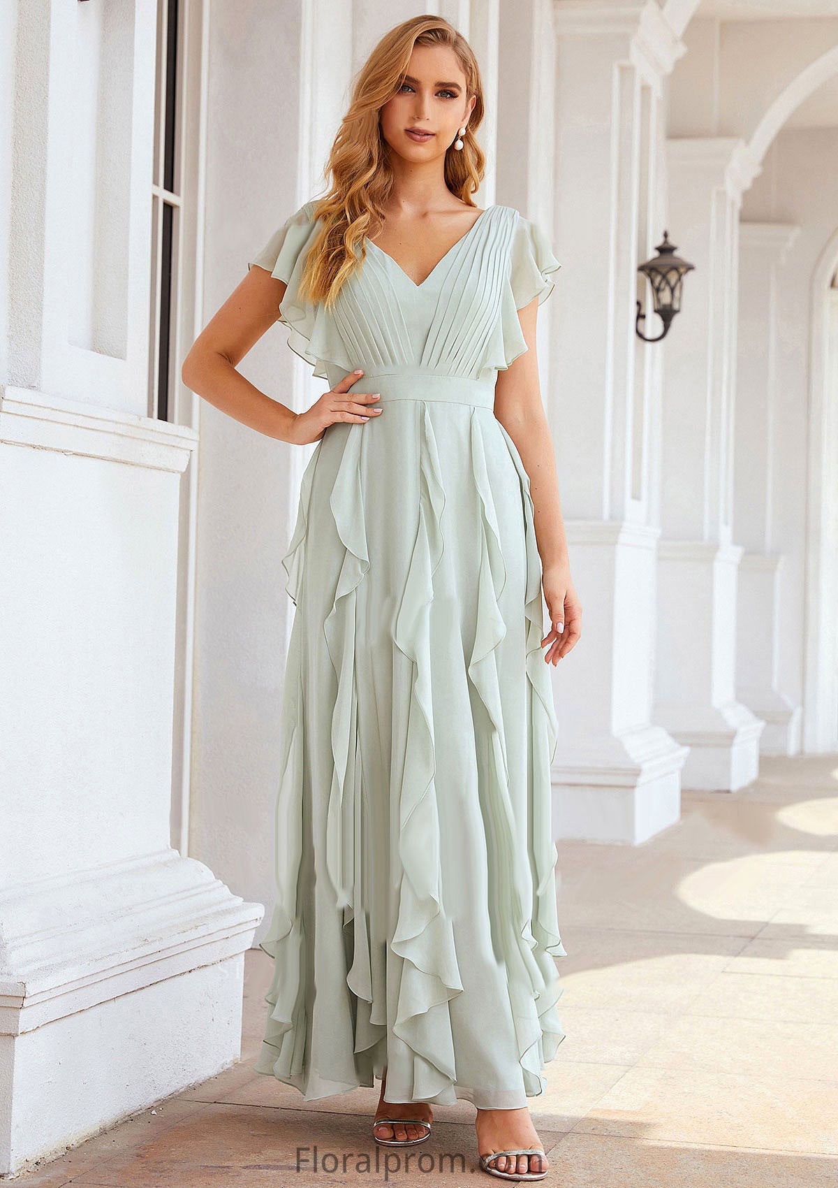 A-line V Neck Short Sleeve Long/Floor-Length Chiffon Bridesmaid Dresses With Pleated Ruffles Sara HJP0025316