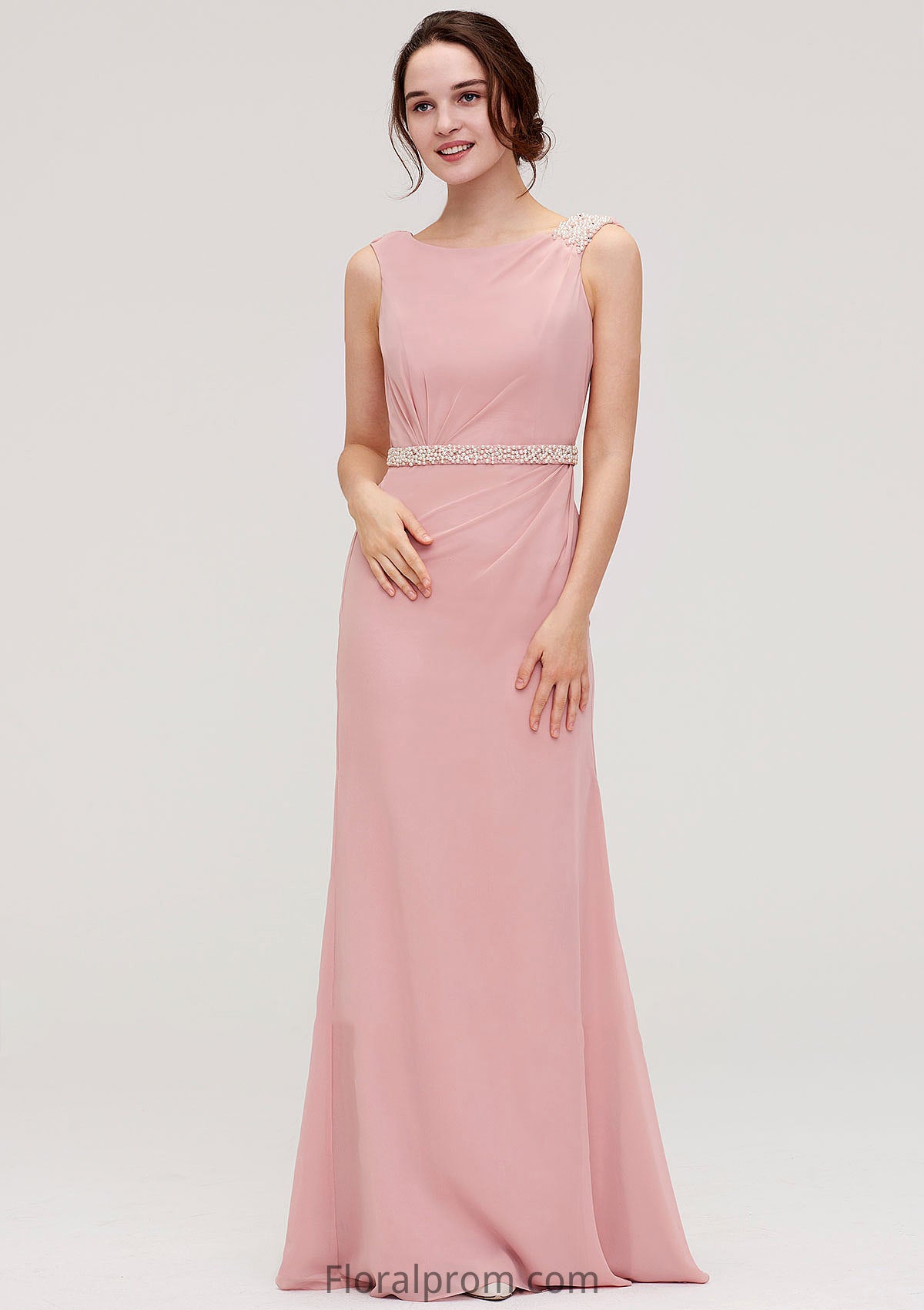 Sleeveless Sheath/Column Long/Floor-Length Chiffon Bridesmaid Dresses With Waistband Beading Lilly HJP0025317