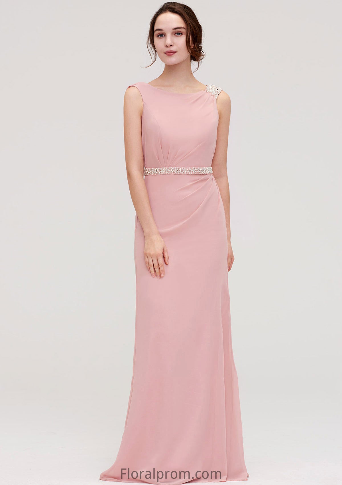 Sleeveless Sheath/Column Long/Floor-Length Chiffon Bridesmaid Dresses With Waistband Beading Lilly HJP0025317