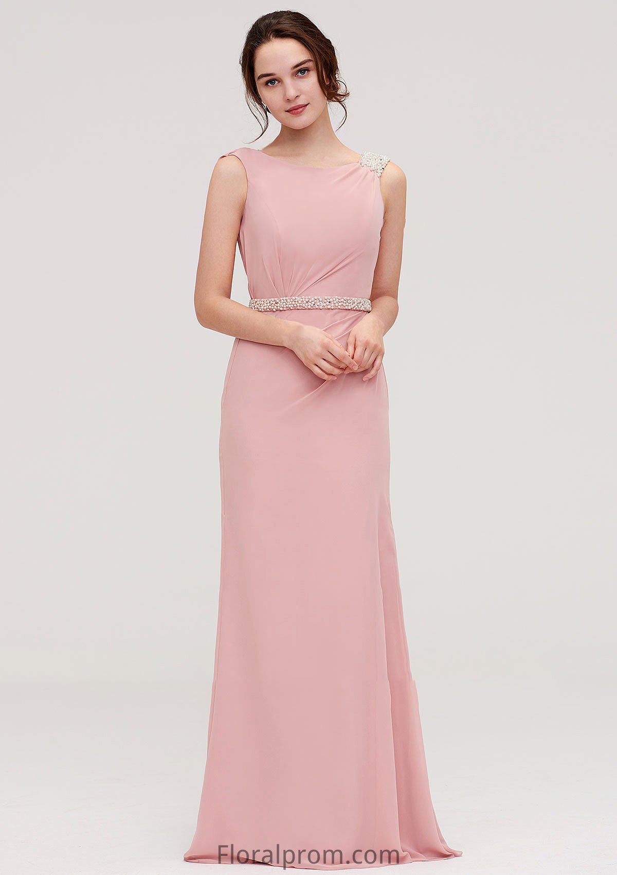 Sleeveless Sheath/Column Long/Floor-Length Chiffon Bridesmaid Dresses With Waistband Beading Lilly HJP0025317