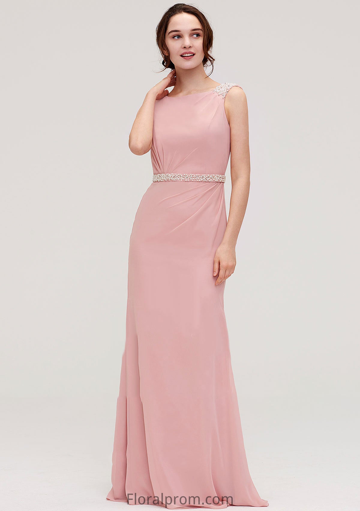 Sleeveless Sheath/Column Long/Floor-Length Chiffon Bridesmaid Dresses With Waistband Beading Lilly HJP0025317