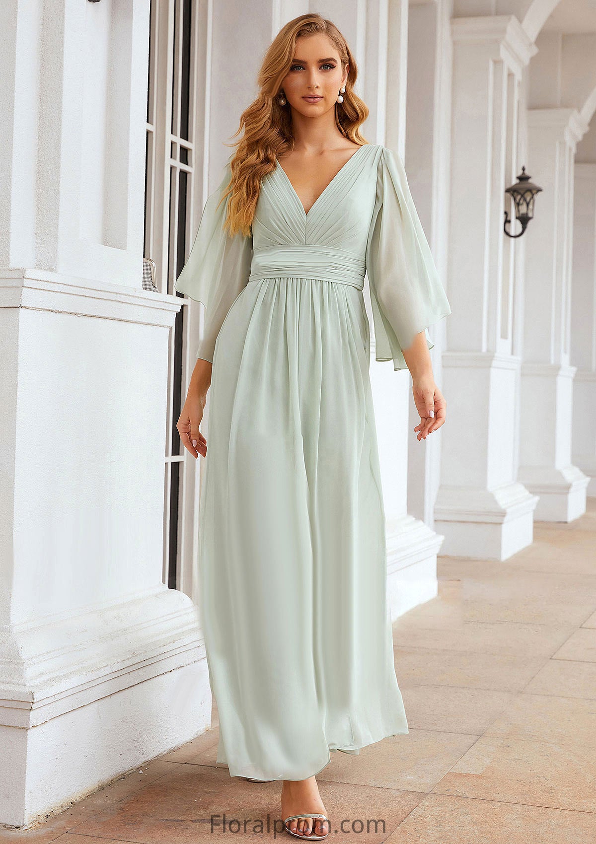 Sheath/Column V Neck 3/4 Sleeve Long/Floor-Length Chiffon Bridesmaid Dresses With Pleated Delilah HJP0025318