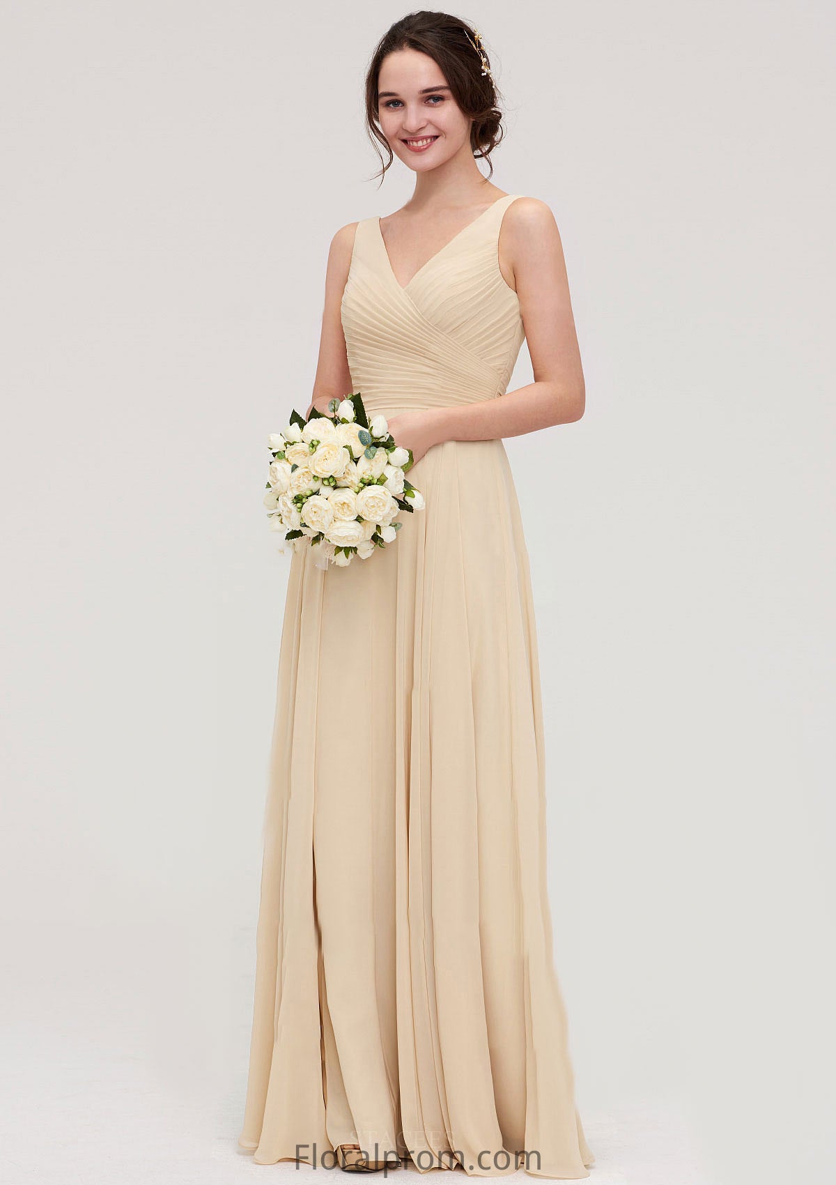 A-line/Princess V Neck Long/Floor-Length A-line/Princess Chiffon Bridesmaid Dresses With Sashes Pleated Jean HJP0025322