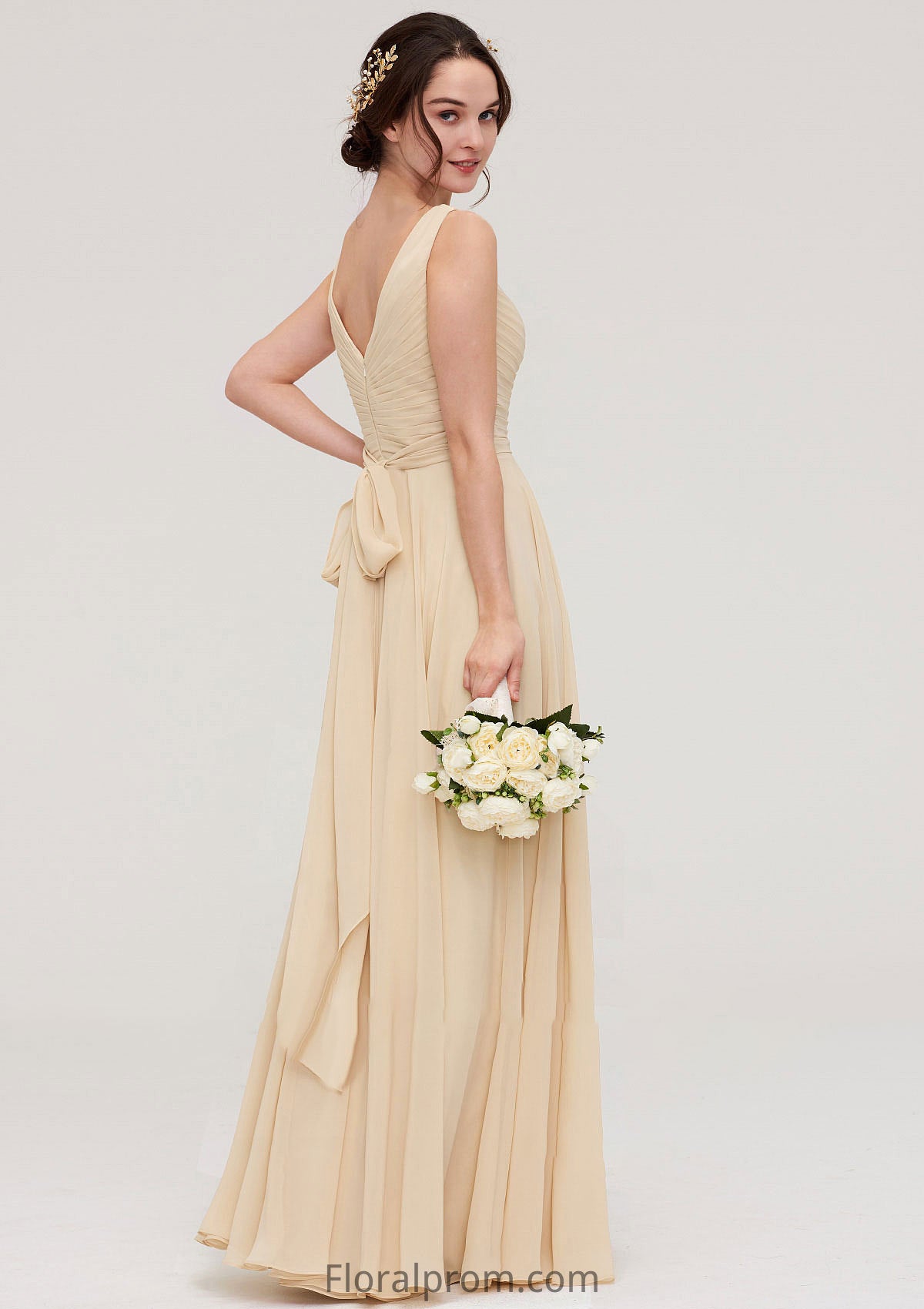 A-line/Princess V Neck Long/Floor-Length A-line/Princess Chiffon Bridesmaid Dresses With Sashes Pleated Jean HJP0025322