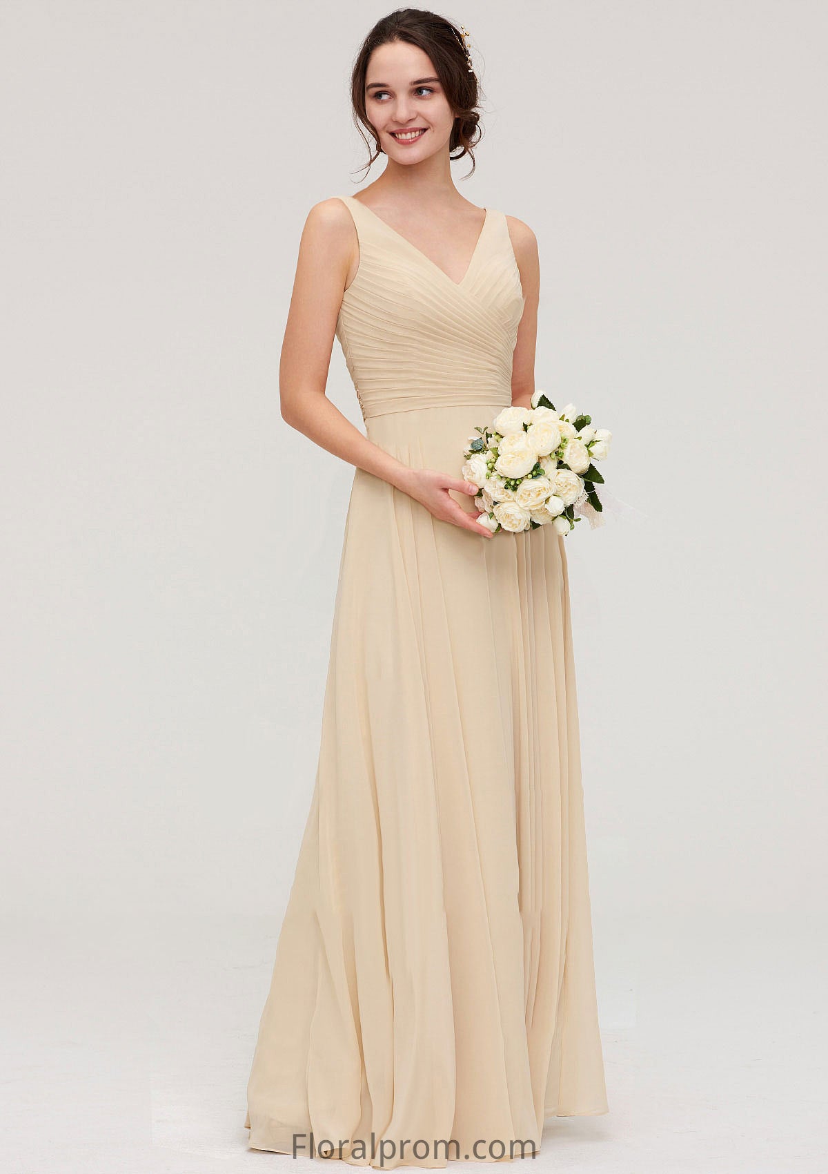 A-line/Princess V Neck Long/Floor-Length A-line/Princess Chiffon Bridesmaid Dresses With Sashes Pleated Jean HJP0025322