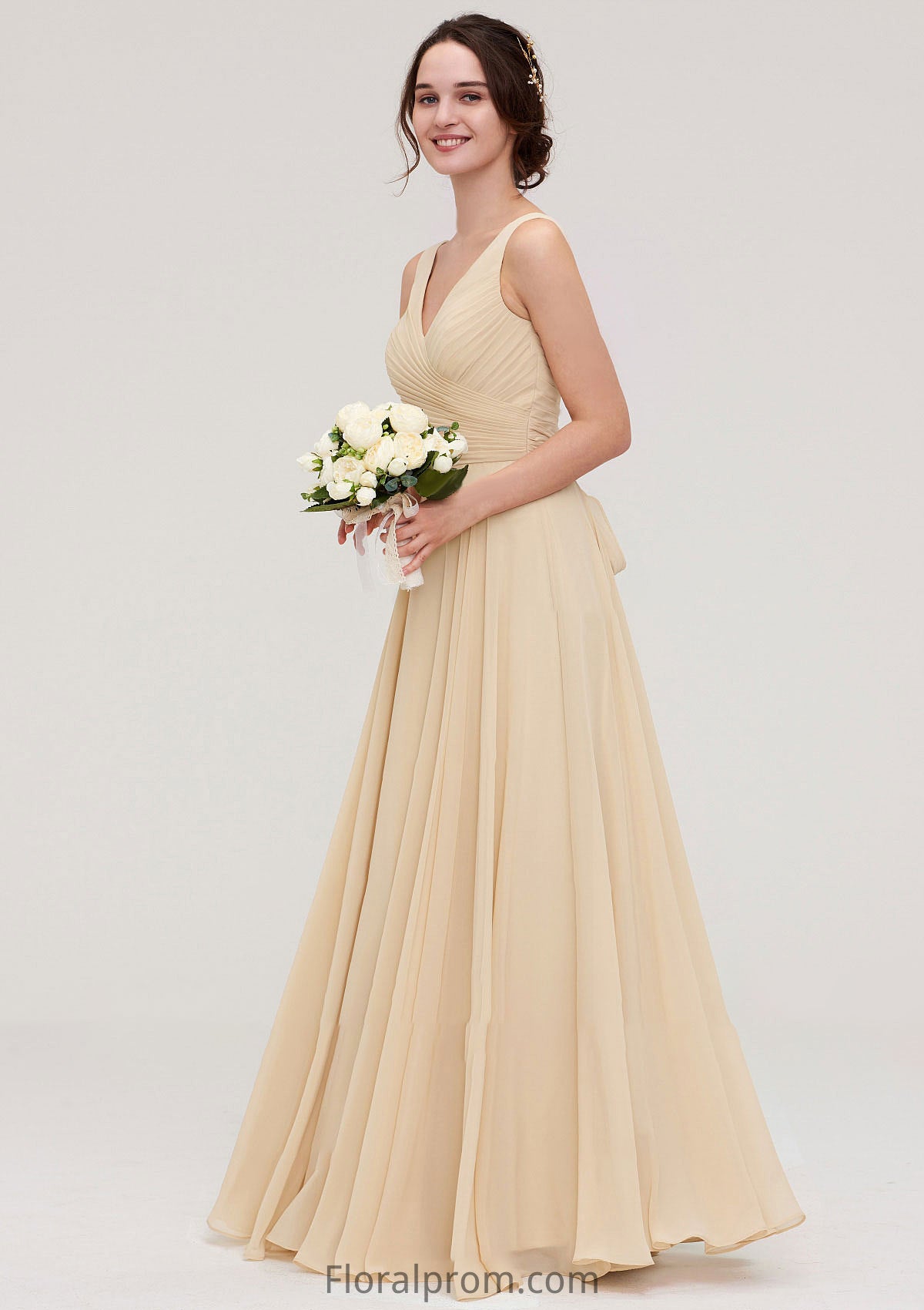 A-line/Princess V Neck Long/Floor-Length A-line/Princess Chiffon Bridesmaid Dresses With Sashes Pleated Jean HJP0025322