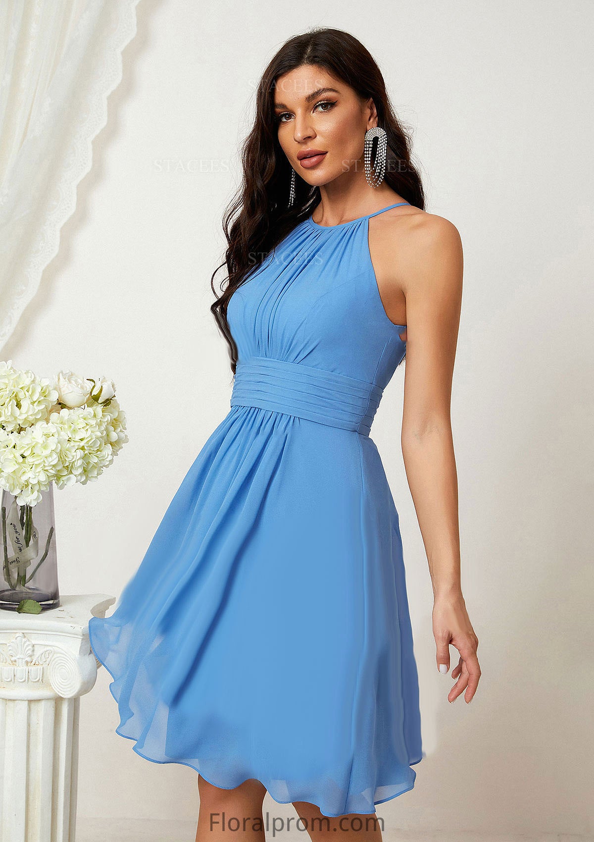 A-line Halter Sleeveless Knee-Length Chiffon Bridesmaid Dresses With Pleated    Alaina HJP0025324