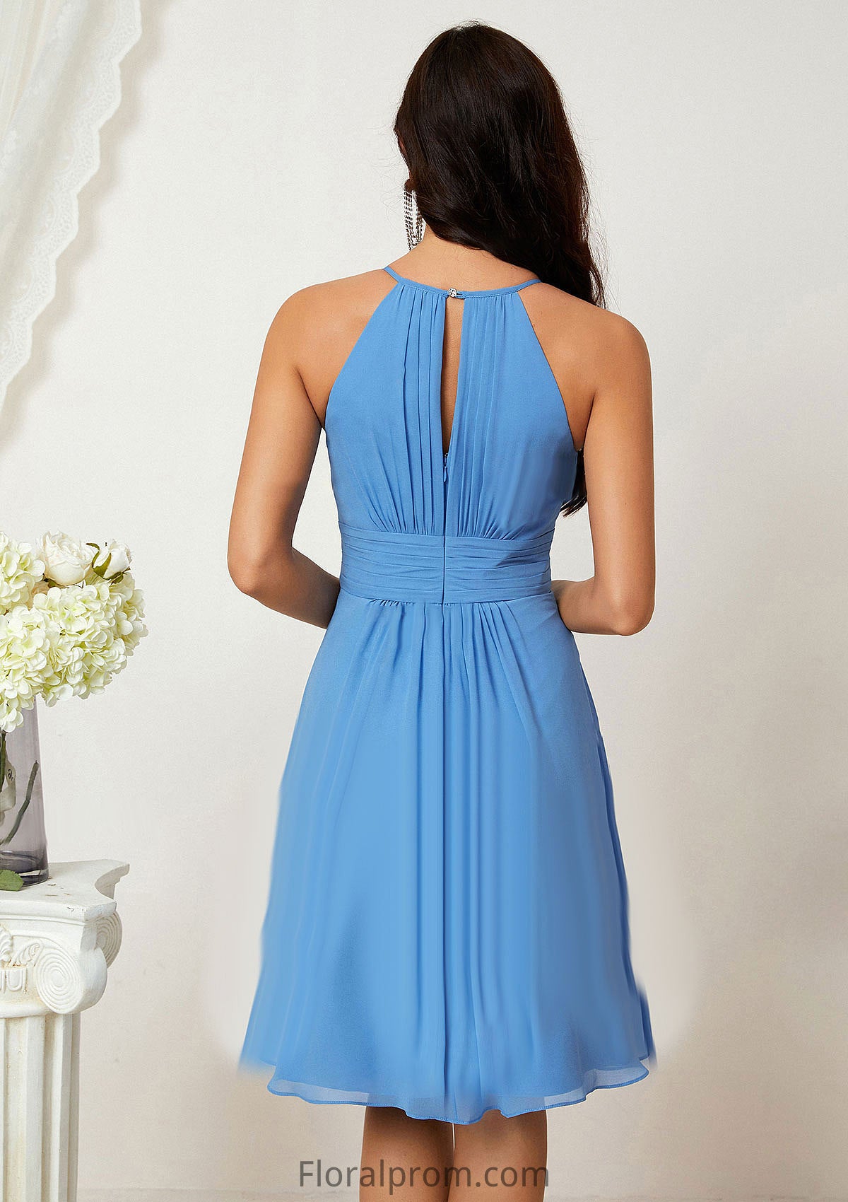 A-line Halter Sleeveless Knee-Length Chiffon Bridesmaid Dresses With Pleated    Alaina HJP0025324