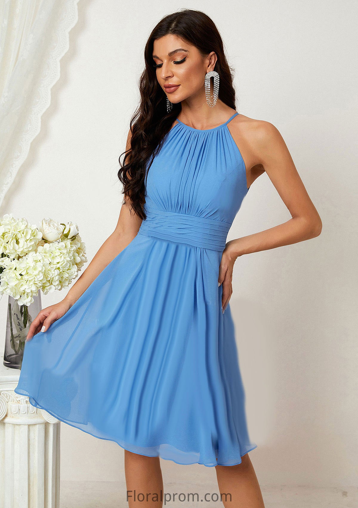 A-line Halter Sleeveless Knee-Length Chiffon Bridesmaid Dresses With Pleated    Alaina HJP0025324