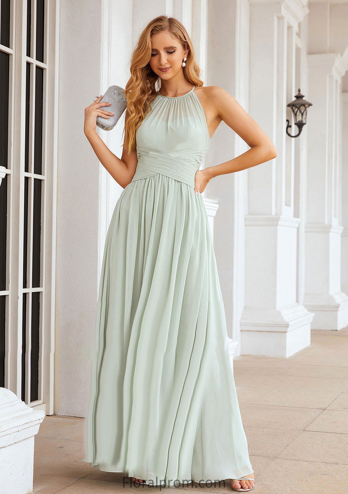 A-line Halter Sleeveless Long/Floor-Length Chiffon Bridesmaid Dresses With Pleated Adelaide HJP0025325