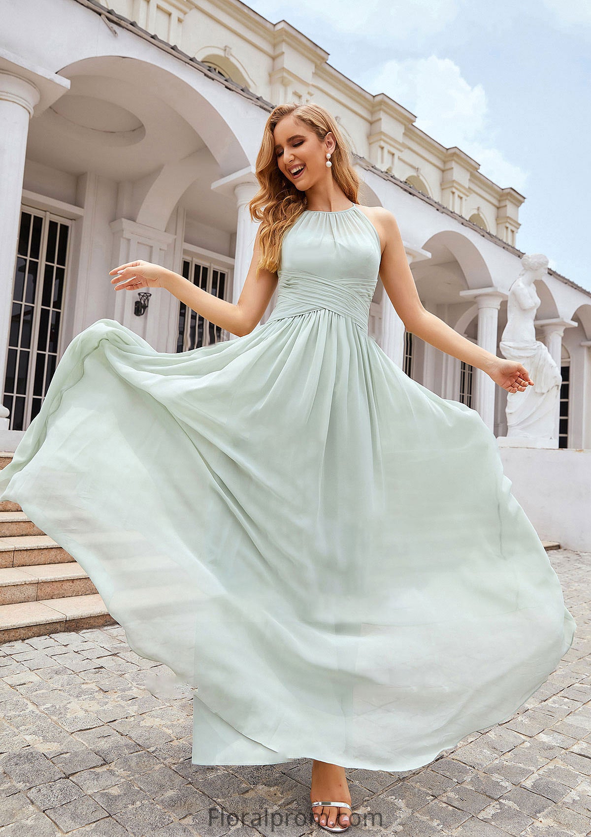 A-line Halter Sleeveless Long/Floor-Length Chiffon Bridesmaid Dresses With Pleated Adelaide HJP0025325