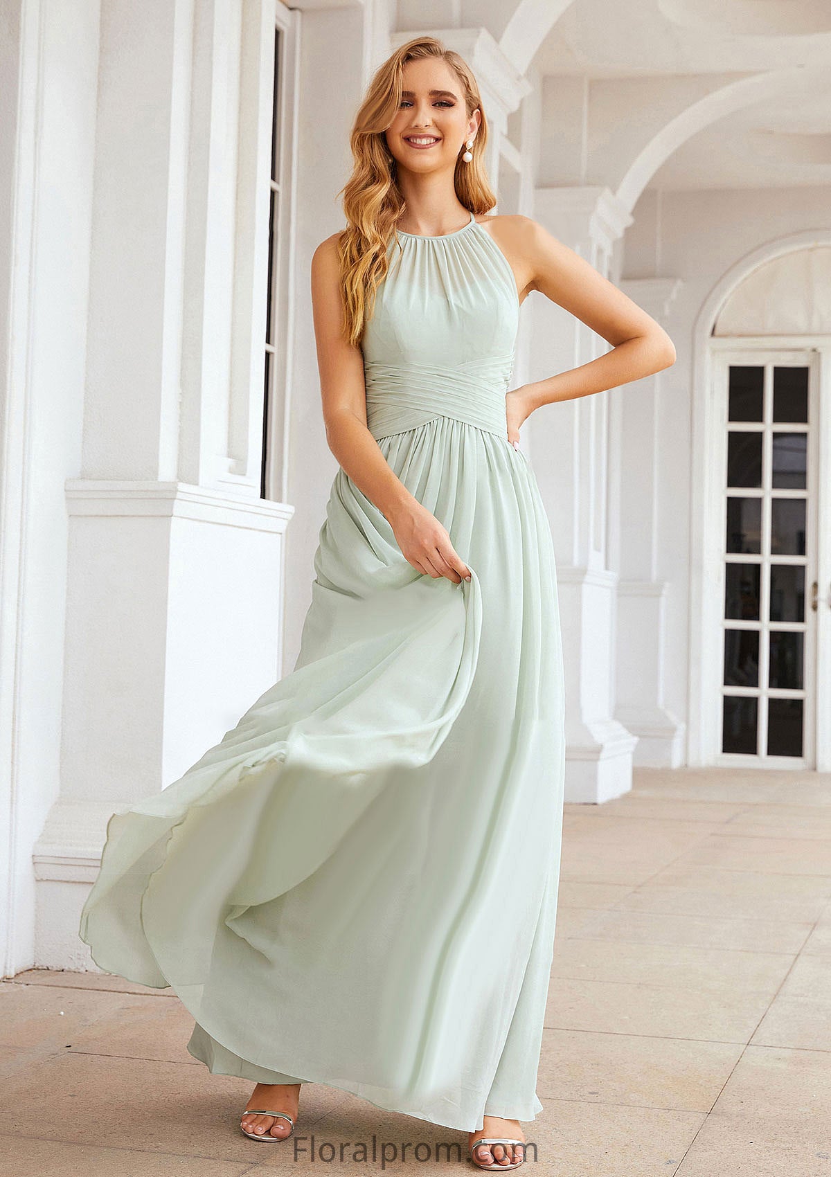 A-line Halter Sleeveless Long/Floor-Length Chiffon Bridesmaid Dresses With Pleated Adelaide HJP0025325