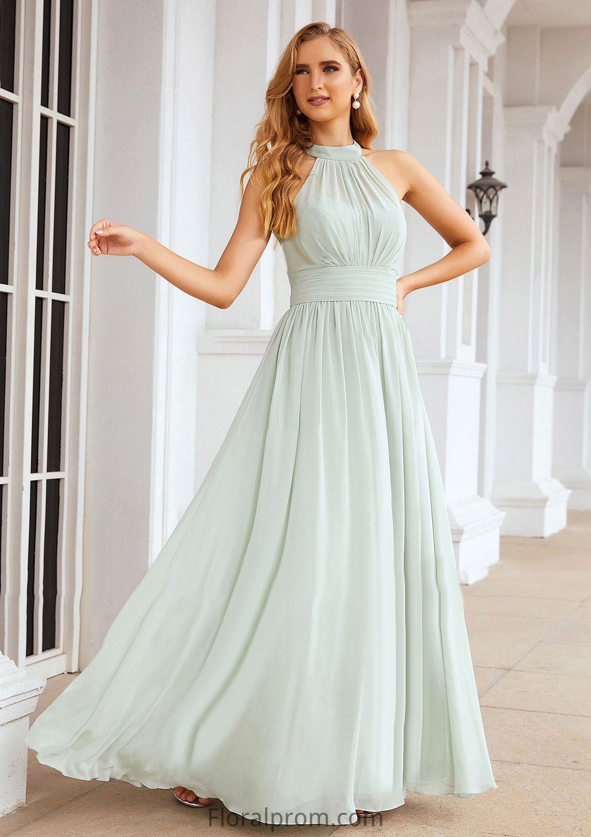 A-line High-Neck Sleeveless Long/Floor-Length Chiffon Bridesmaid Dresses With Pleated Karli HJP0025326