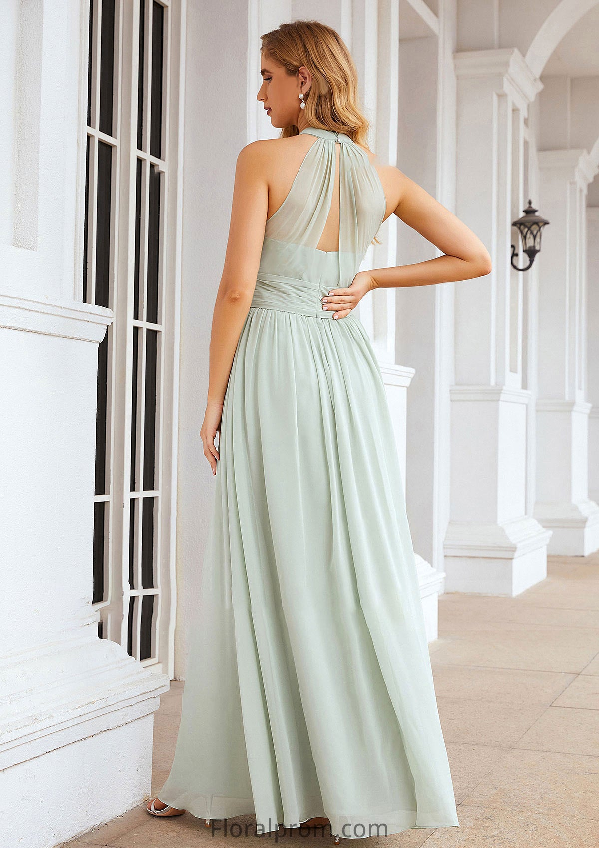 A-line High-Neck Sleeveless Long/Floor-Length Chiffon Bridesmaid Dresses With Pleated Karli HJP0025326