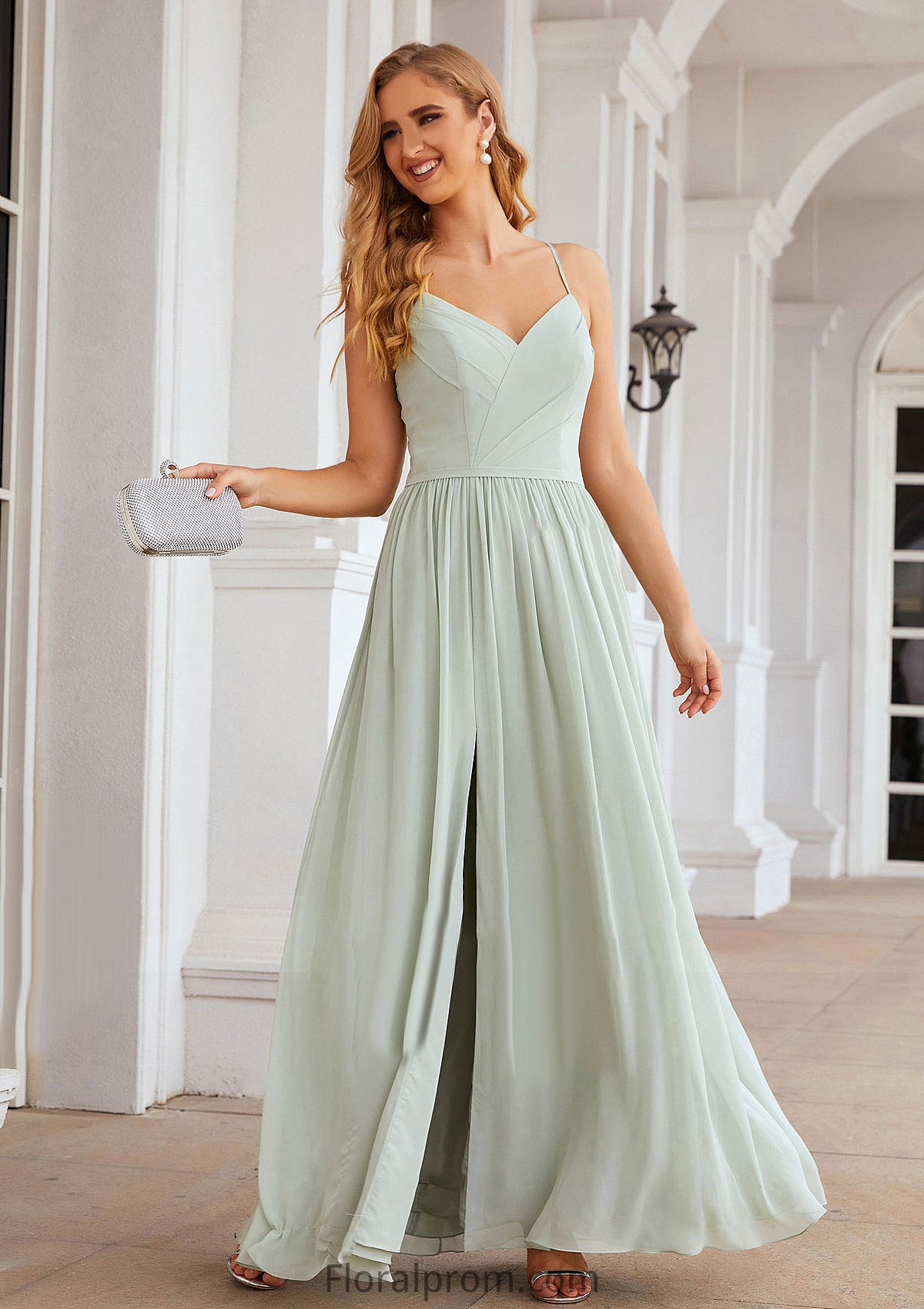 A-line V Neck Sleeveless Long/Floor-Length Chiffon Bridesmaid Dresses With Pleated Split Araceli HJP0025327