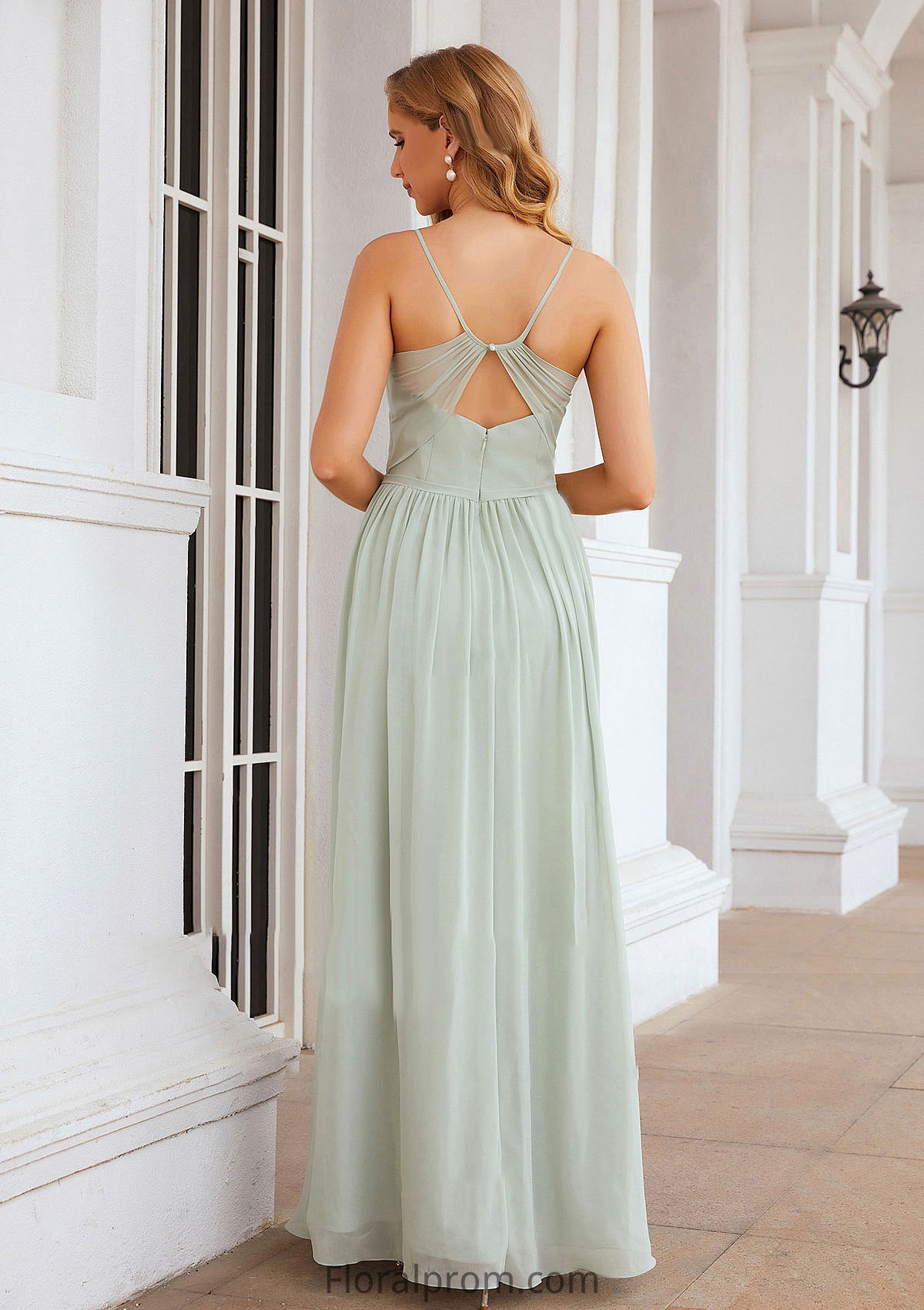 A-line V Neck Sleeveless Long/Floor-Length Chiffon Bridesmaid Dresses With Pleated Split Araceli HJP0025327