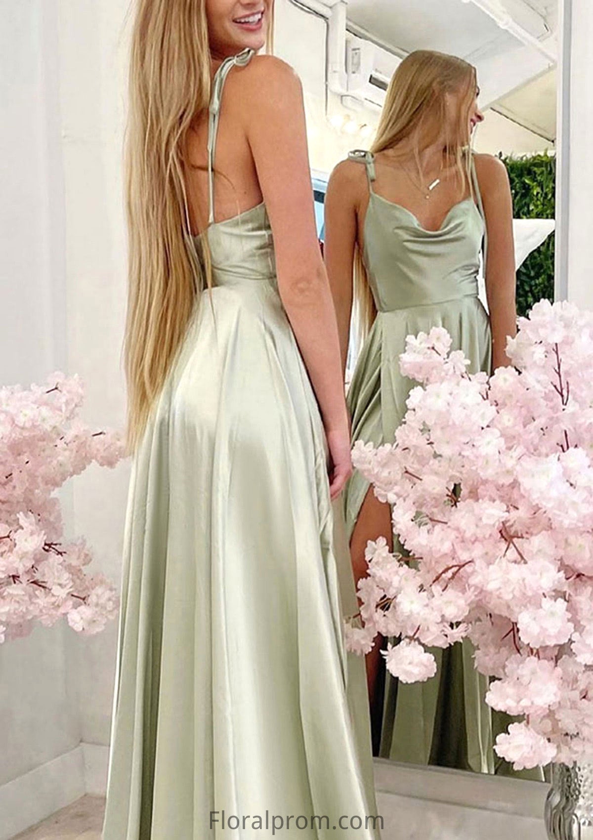 A-line Cowl Neck Spaghetti Straps Long/Floor-Length Charmeuse Bridesmaid Dresses With Split Marisa HJP0025330