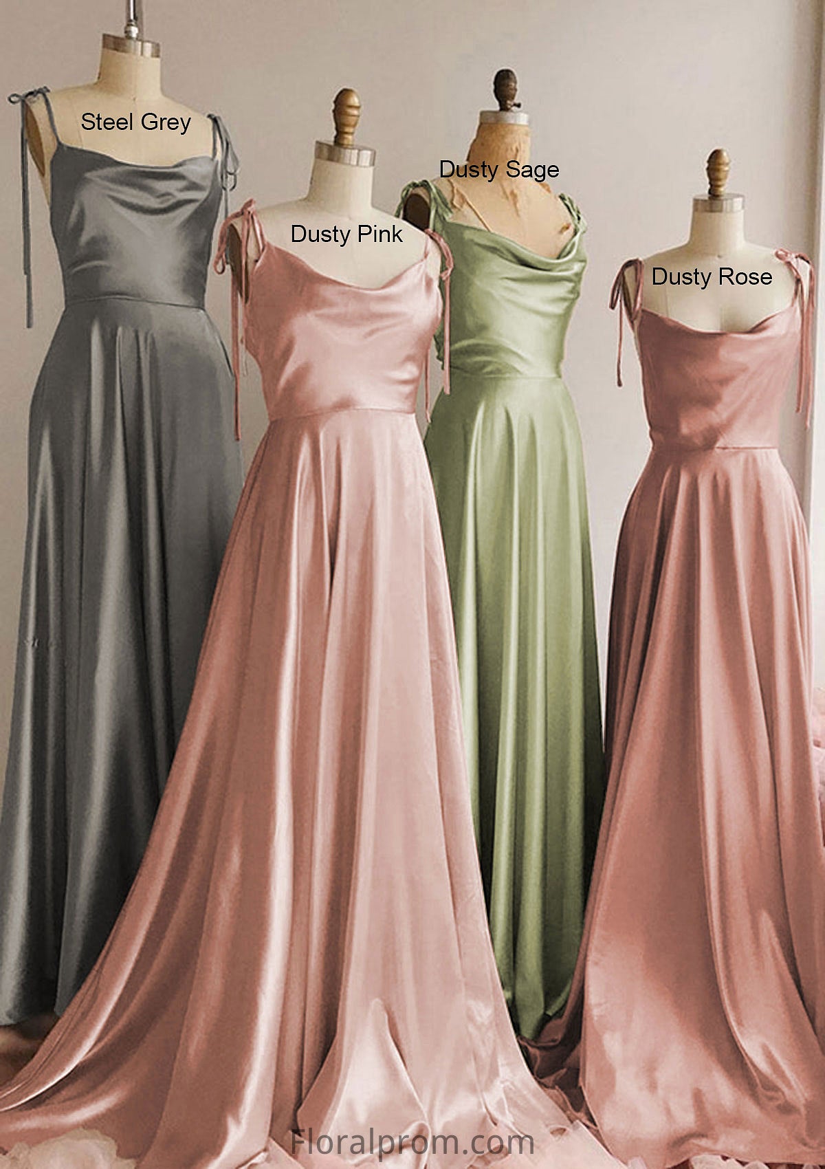 A-line Cowl Neck Spaghetti Straps Long/Floor-Length Charmeuse Bridesmaid Dresses With Split Marisa HJP0025330