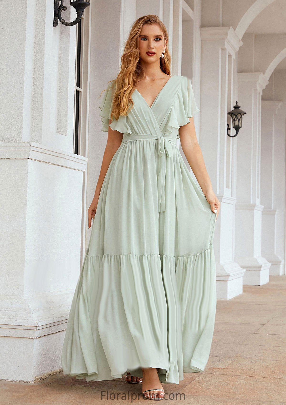 A-line V Neck Short Sleeve Chiffon Long/Floor-Length Bridesmaid Dresses With Pleated Amiyah HJP0025331