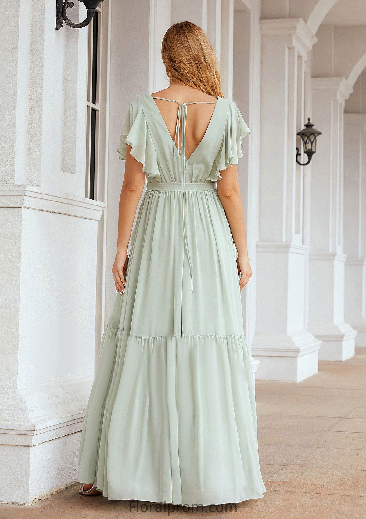 A-line V Neck Short Sleeve Chiffon Long/Floor-Length Bridesmaid Dresses With Pleated Amiyah HJP0025331