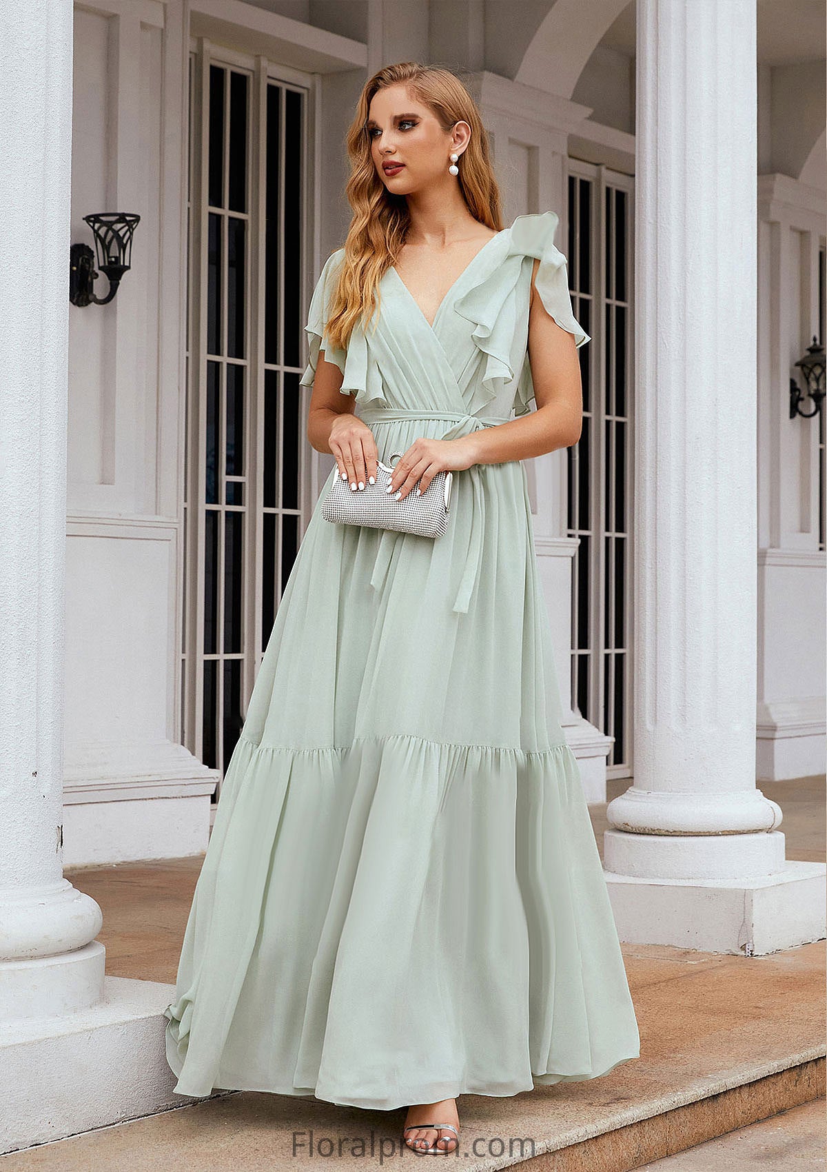 A-line V Neck Short Sleeve Chiffon Long/Floor-Length Bridesmaid Dresses With Pleated Amiyah HJP0025331