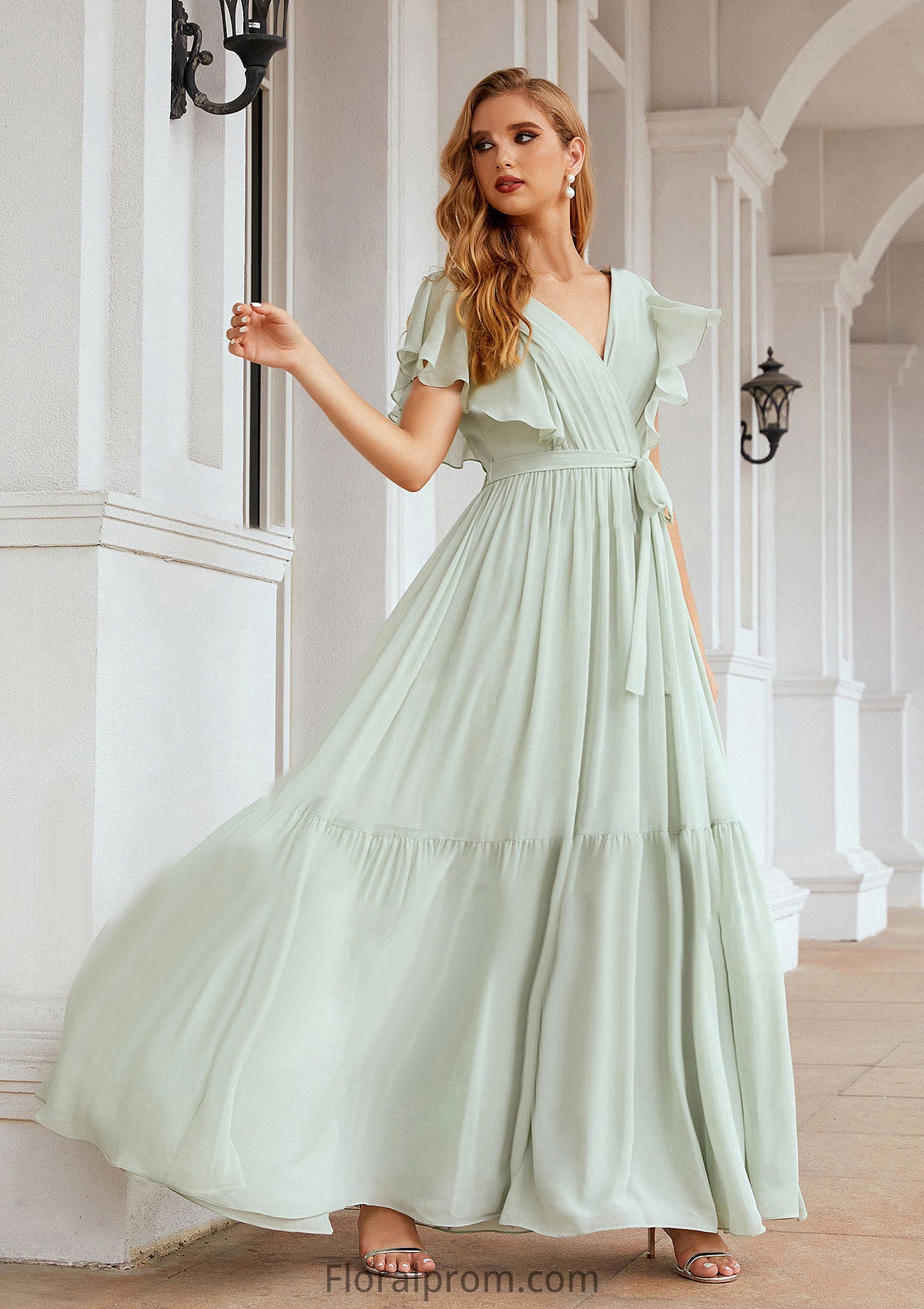 A-line V Neck Short Sleeve Chiffon Long/Floor-Length Bridesmaid Dresses With Pleated Amiyah HJP0025331