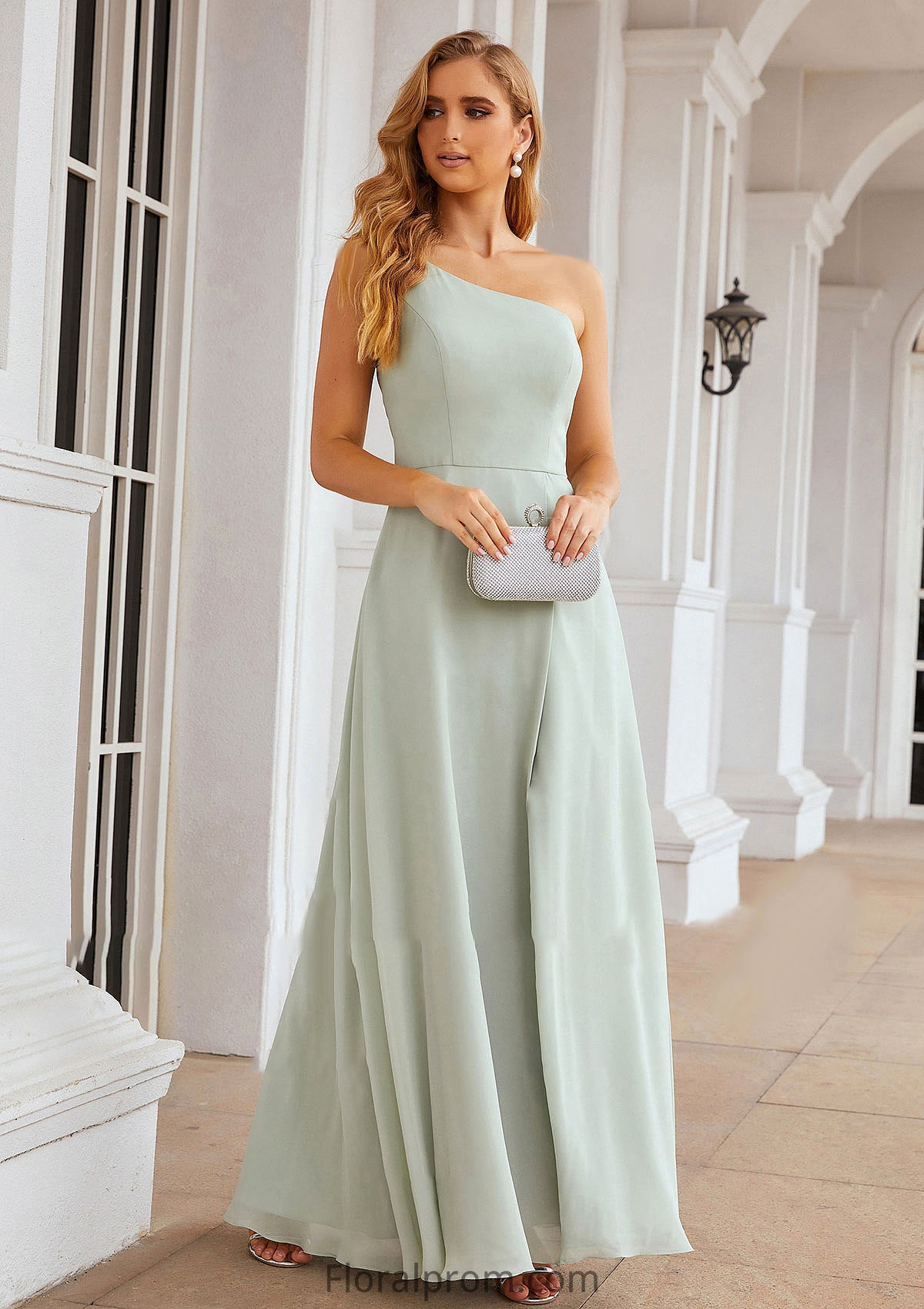 A-line One-Shoulder Sleeveless Long/Floor-Length Chiffon Bridesmaid Dresses With Split Lucile HJP0025333