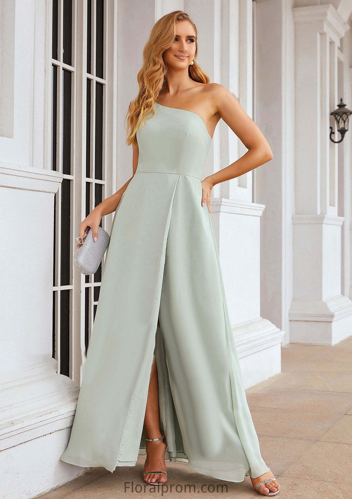 A-line One-Shoulder Sleeveless Long/Floor-Length Chiffon Bridesmaid Dresses With Split Lucile HJP0025333